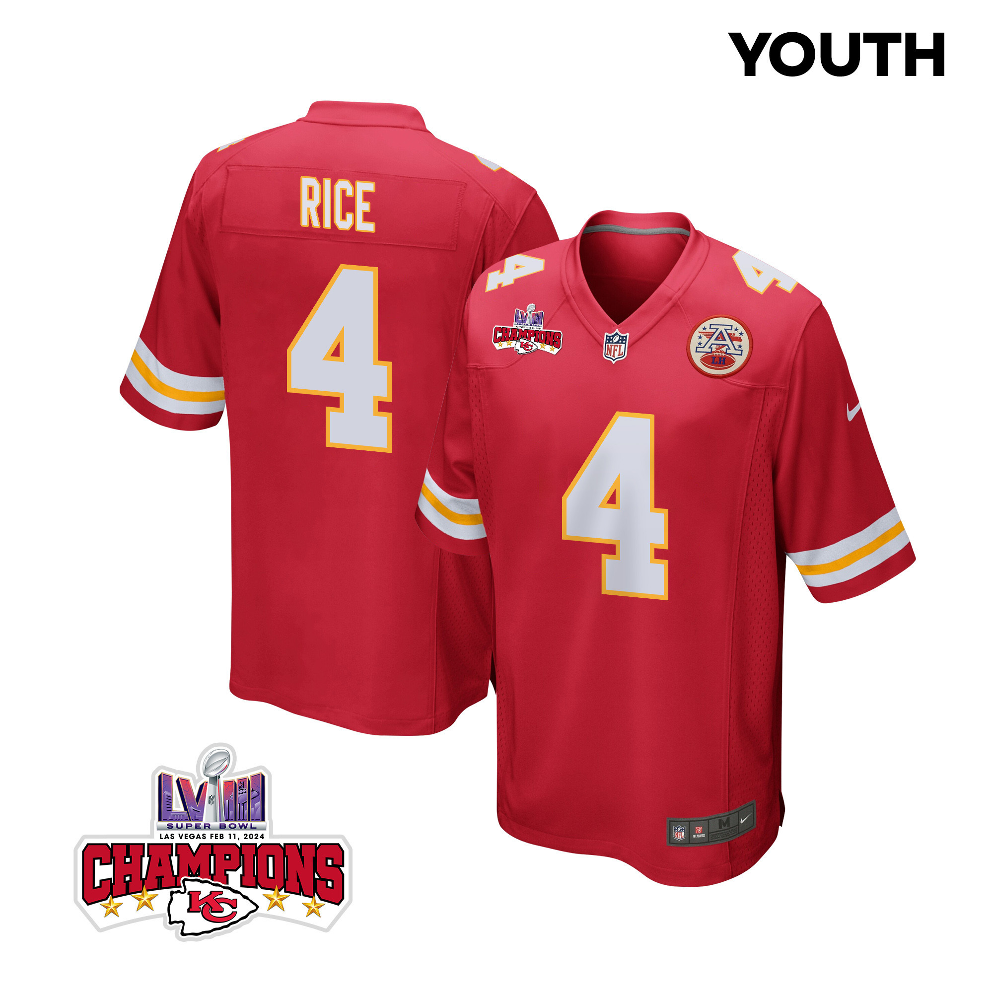 Rashee Rice 4 Kansas City Chiefs Super Bowl LVIII Champions 4 Stars Patch Game YOUTH Jersey - Red JS1288 Saliibo