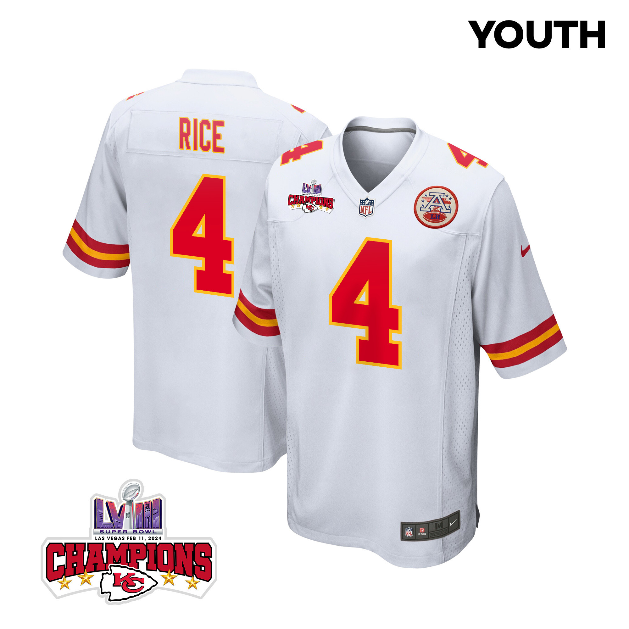 Rashee Rice 4 Kansas City Chiefs Super Bowl LVIII Champions 4 Stars Patch Game YOUTH Jersey - White JS3276 Saliibo