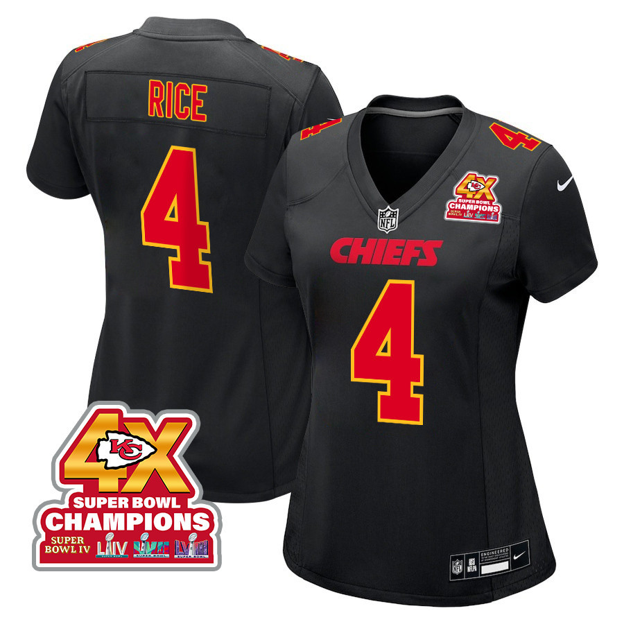Rashee Rice 4 Kansas City Chiefs Super Bowl LVIII Champions 4X Fashion Game Women Jersey - Carbon Black JS8567 Saliibo