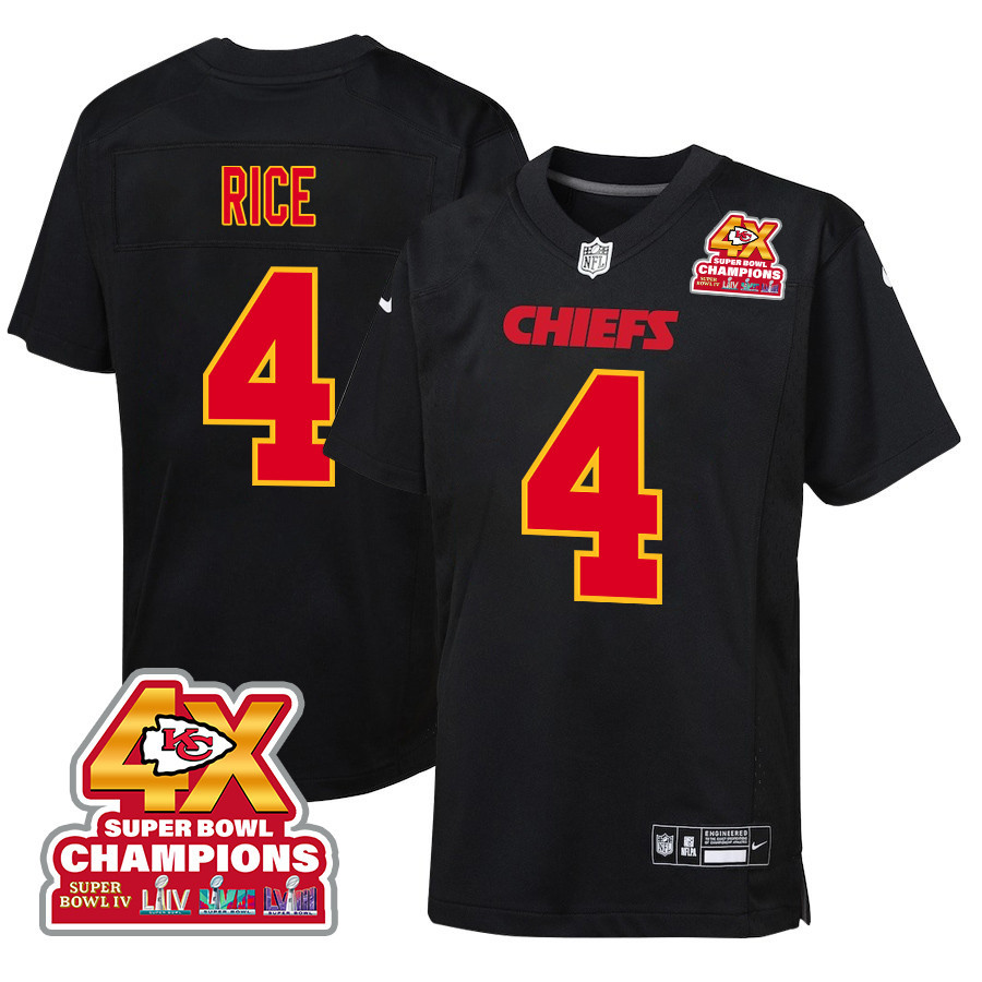 Rashee Rice 4 Kansas City Chiefs Super Bowl LVIII Champions 4X Fashion Game YOUTH Jersey - Carbon Black JS3490 Saliibo