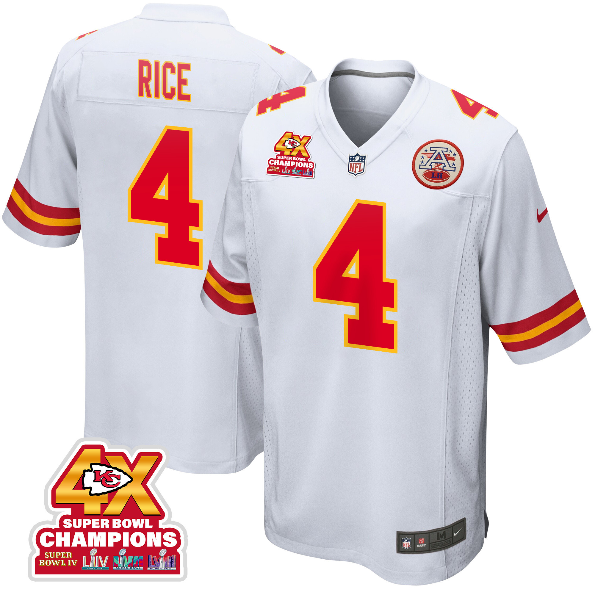 Rashee Rice 4 Kansas City Chiefs Super Bowl LVIII Champions 4X Game Men Jersey - White JS7699 Saliibo