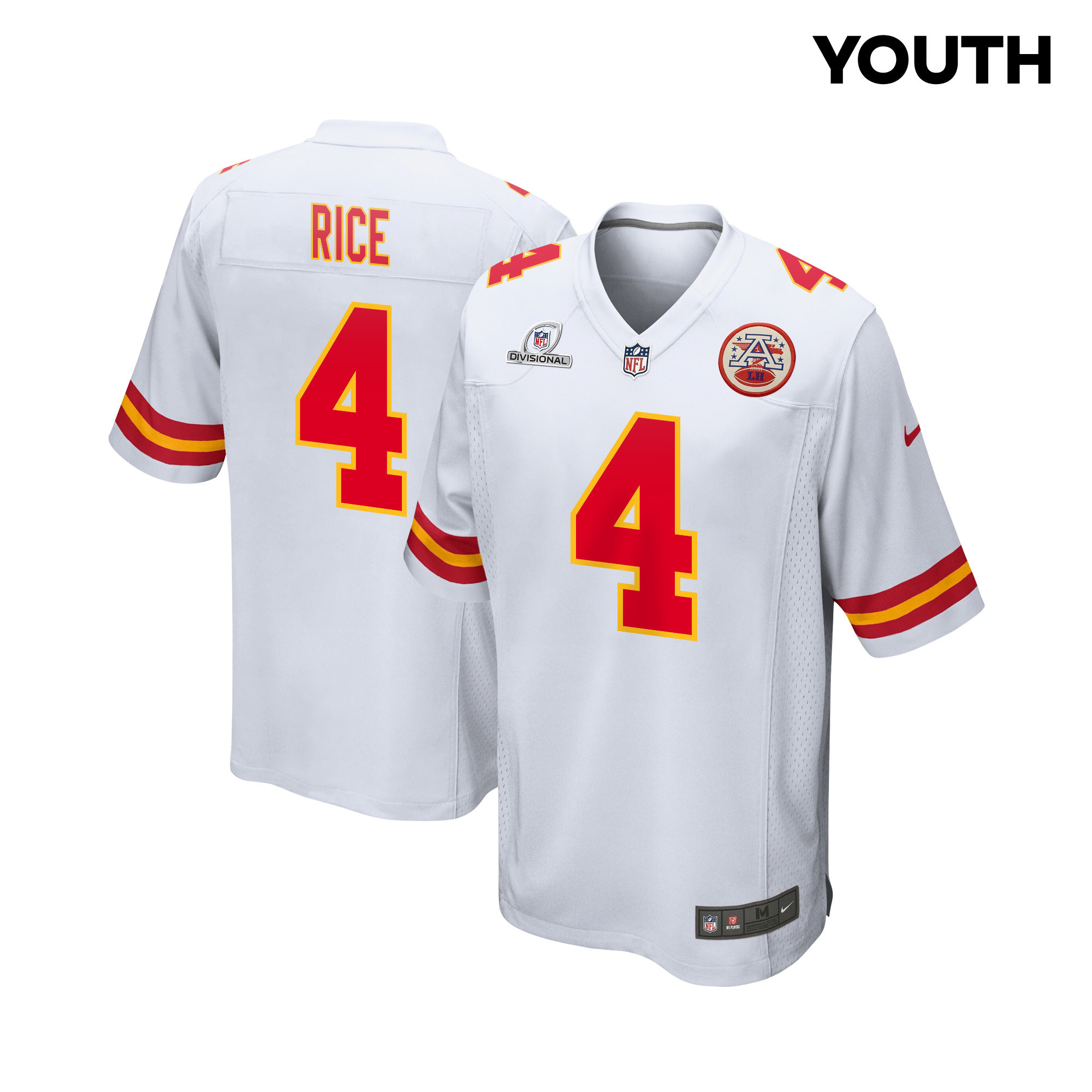 Rashee Rice 4 Kansas City Chiefs Super Bowl LVIII Patch Game YOUTH Jersey - White JS4290 Saliibo