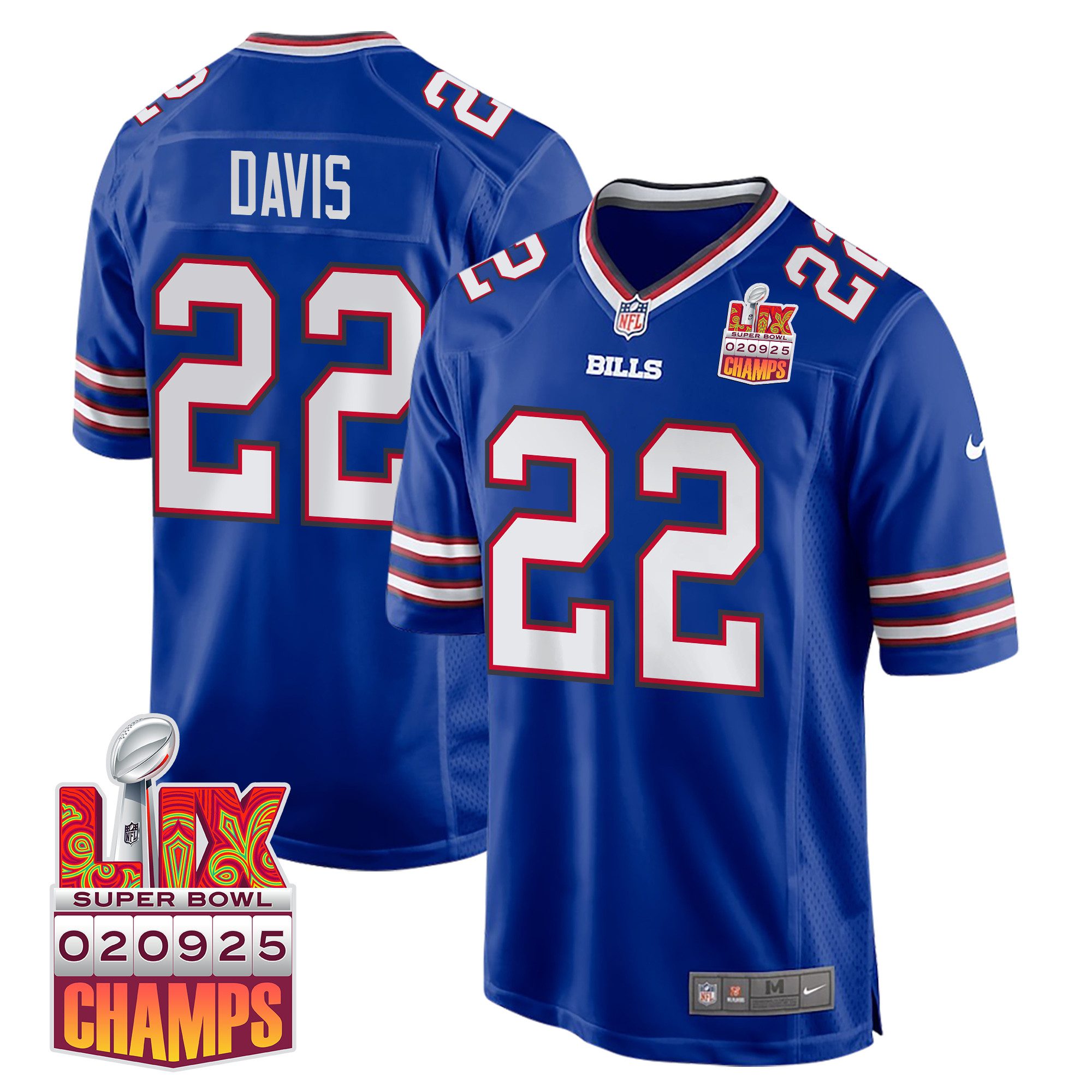 Ray Davis 22 Buffalo Bills Super Bowl LIX Champions Patch Game Men Jersey - Royal JS7608 Saliibo