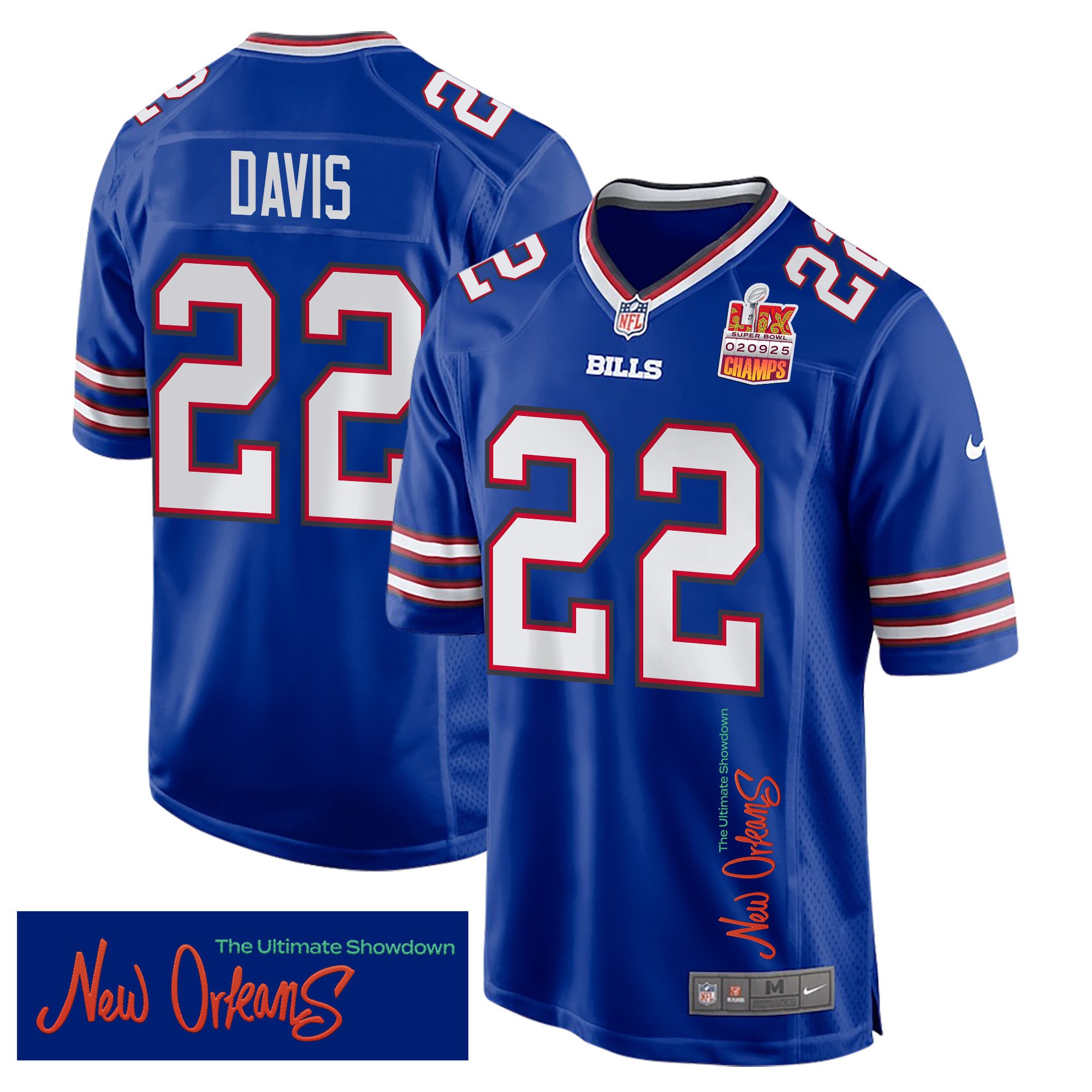 Ray Davis 22 Buffalo Bills Super Bowl LIX Champions Patch 'New Orleans - The Ultimate Showdown' EMBROIDERED Game Men Jersey - Royal JS1595 Saliibo