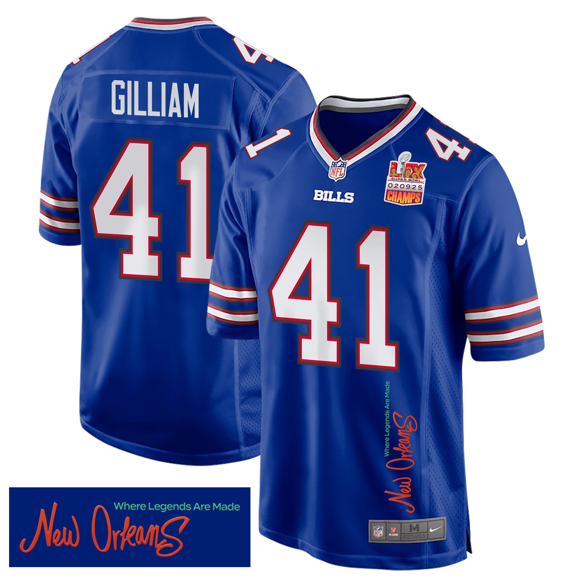 Reggie Gilliam 41 Buffalo Bills Super Bowl LIX Champions Patch 'New Orleans - Where Legends Are Made' EMBROIDERED Game Men Jersey - Royal JS7166 Saliibo