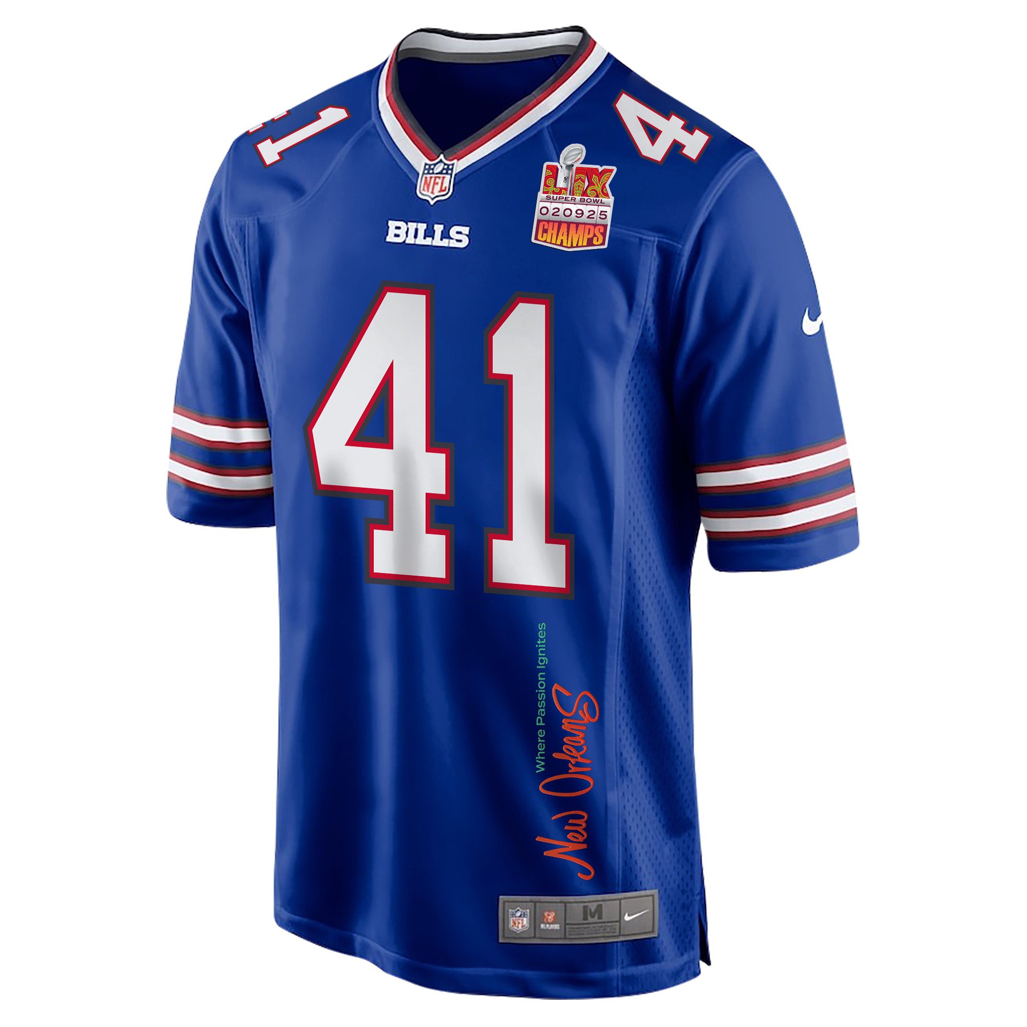 Reggie Gilliam 41 Buffalo Bills Super Bowl LIX Champions Patch 'New Orleans - Where Passion Ignites' EMBROIDERED Game Men Jersey - Royal JS3784 Saliibo - Image 3