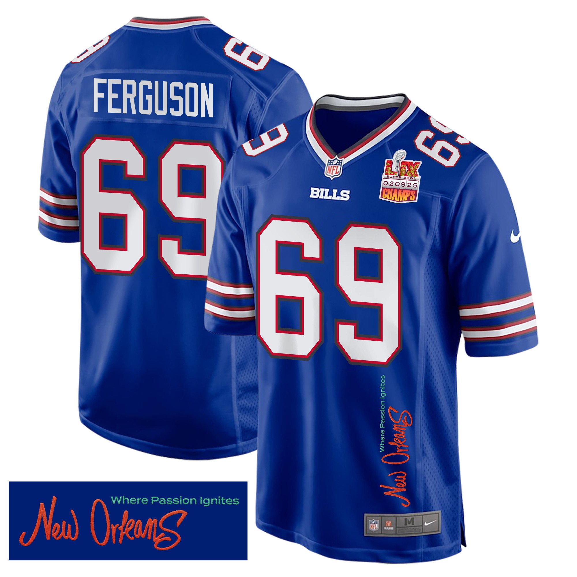 Reid Ferguson 69 Buffalo Bills Super Bowl LIX Champions Patch 'New Orleans - Where Passion Ignites' EMBROIDERED Game Men Jersey - Royal JS3065 Saliibo