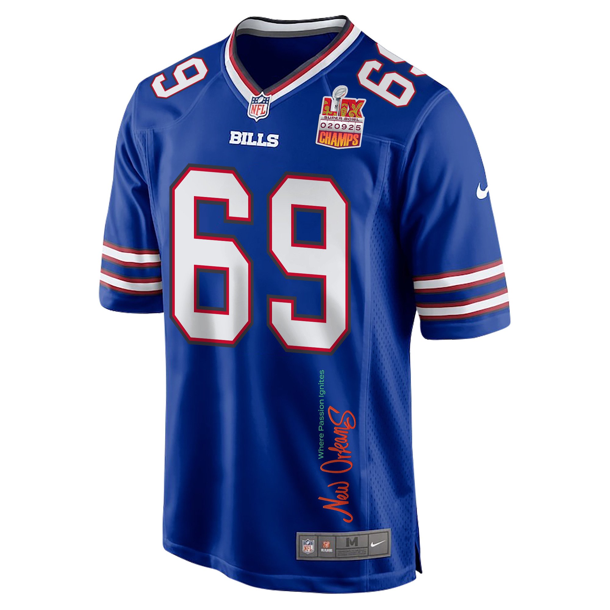 Reid Ferguson 69 Buffalo Bills Super Bowl LIX Champions Patch 'New Orleans - Where Passion Ignites' EMBROIDERED Game Men Jersey - Royal JS3065 Saliibo - Image 3