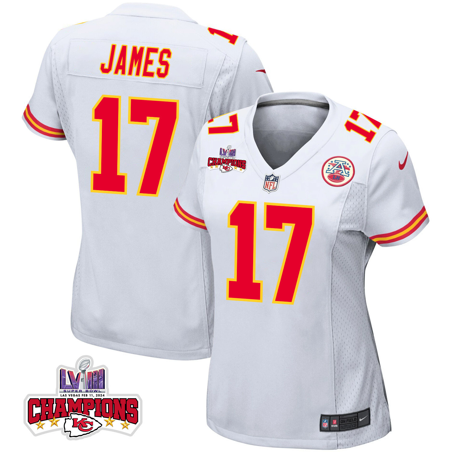 Richie James 17 Kansas City Chiefs Super Bowl LVIII Champions 4 Stars Patch Game Women Jersey - White JS7285 Saliibo