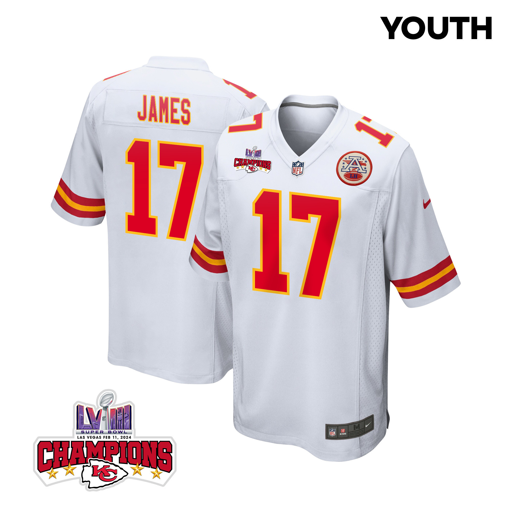 Richie James 17 Kansas City Chiefs Super Bowl LVIII Champions 4 Stars Patch Game YOUTH Jersey - White JS5277 Saliibo