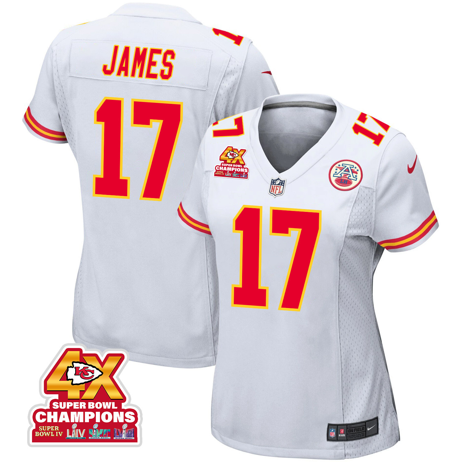 Richie James 17 Kansas City Chiefs Super Bowl LVIII Champions 4X Game Women Jersey - White JS2745 Saliibo