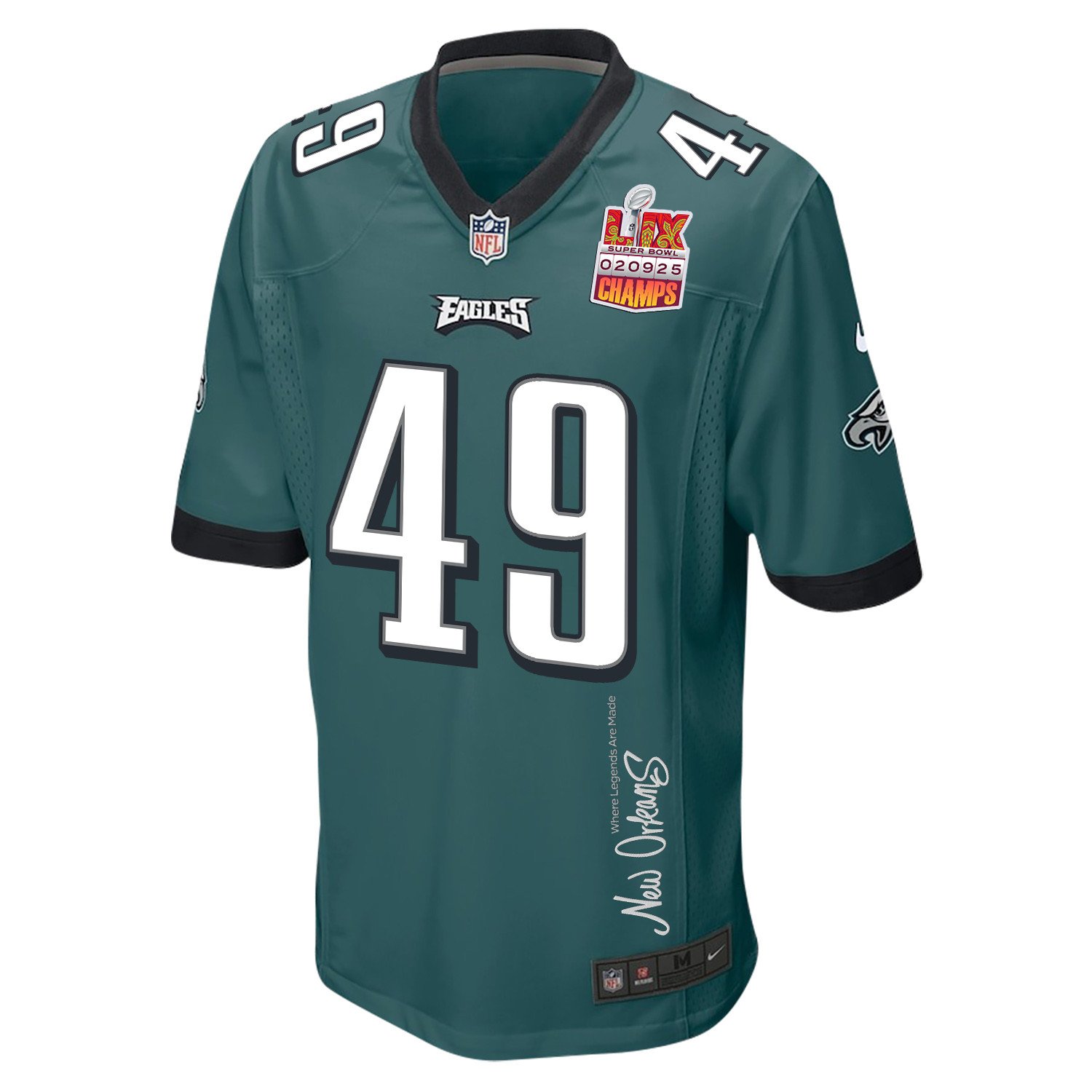 Rick Lovato 49 Philadelphia Eagles Super Bowl LIX Champions Patch 'New Orleans - Where Legends Are Made' EMBROIDERED Game Men Jersey - Midnight Green JS6097 Saliibo - Image 3