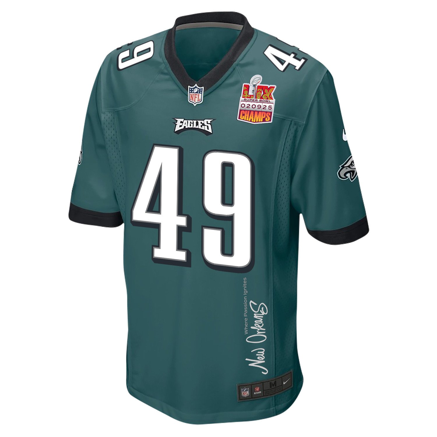 Rick Lovato 49 Philadelphia Eagles Super Bowl LIX Champions Patch 'New Orleans - Where Passion Ignites' EMBROIDERED Game Men Jersey - Midnight Green JS7870 Saliibo - Image 3