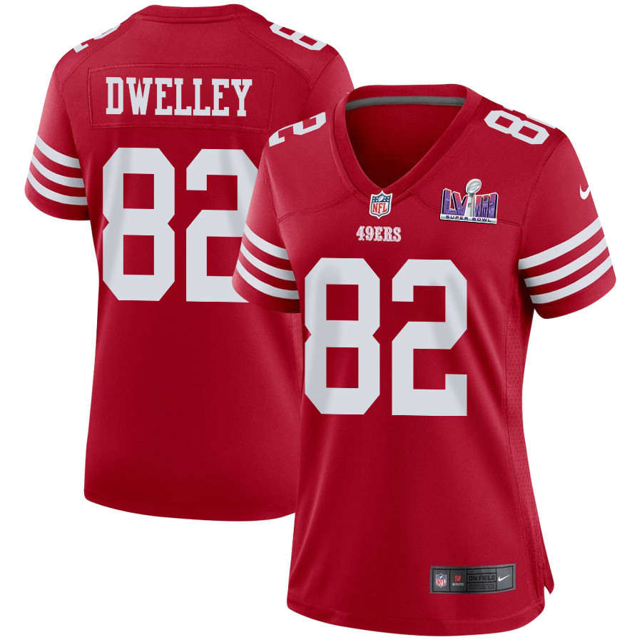 Ross Dwelley 82 San Francisco 49ers Super Bowl LVIII Patch Game Women Jersey - Scarlet JS2031 Saliibo