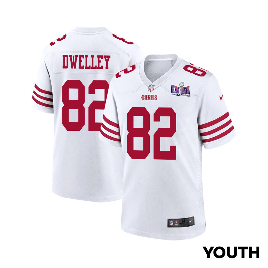 Ross Dwelley 82 San Francisco 49ers Super Bowl LVIII Patch Game YOUTH Jersey - White JS4214 Saliibo