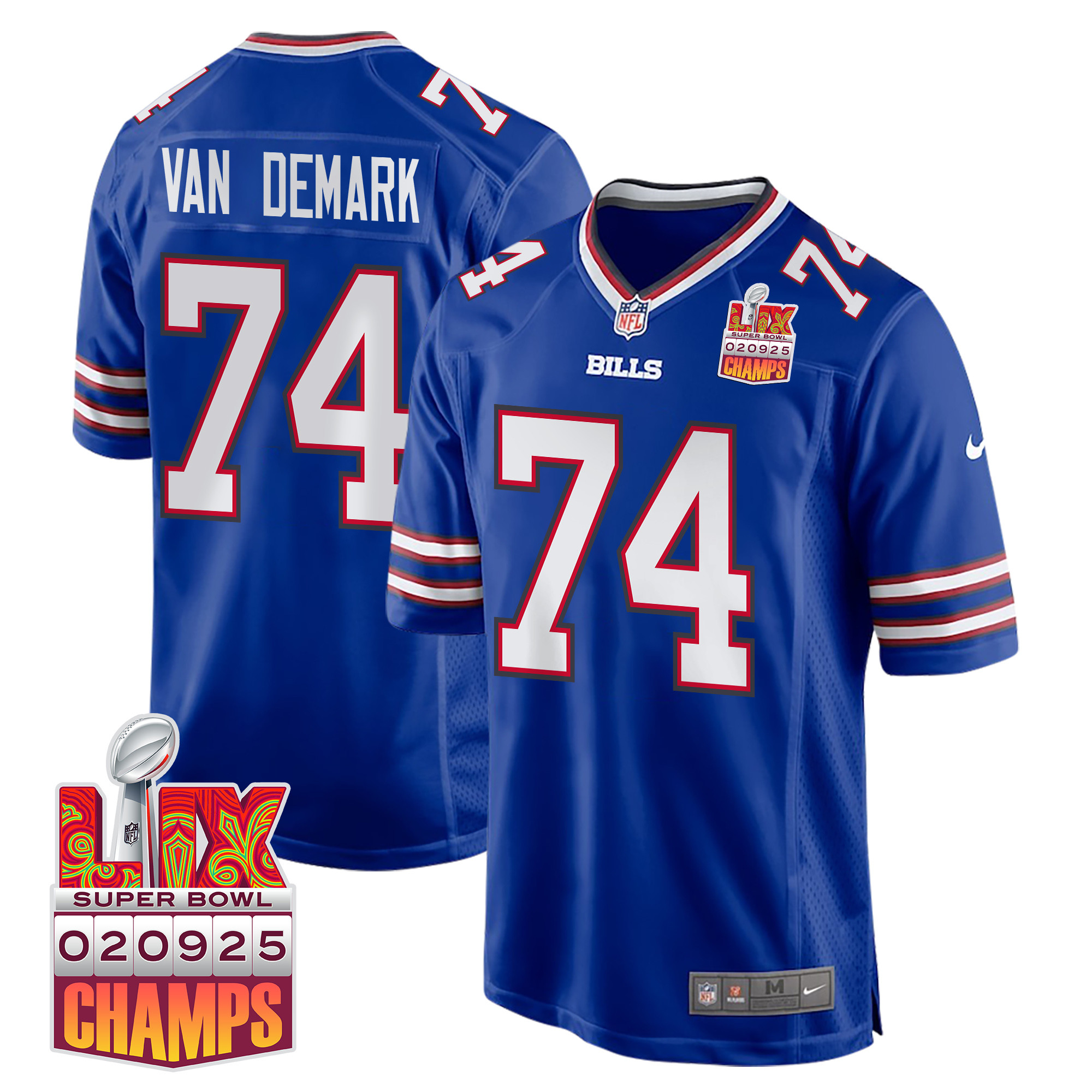 Ryan Van Demark 74 Buffalo Bills Super Bowl LIX Champions Patch Game Men Jersey - Royal JS3824 Saliibo