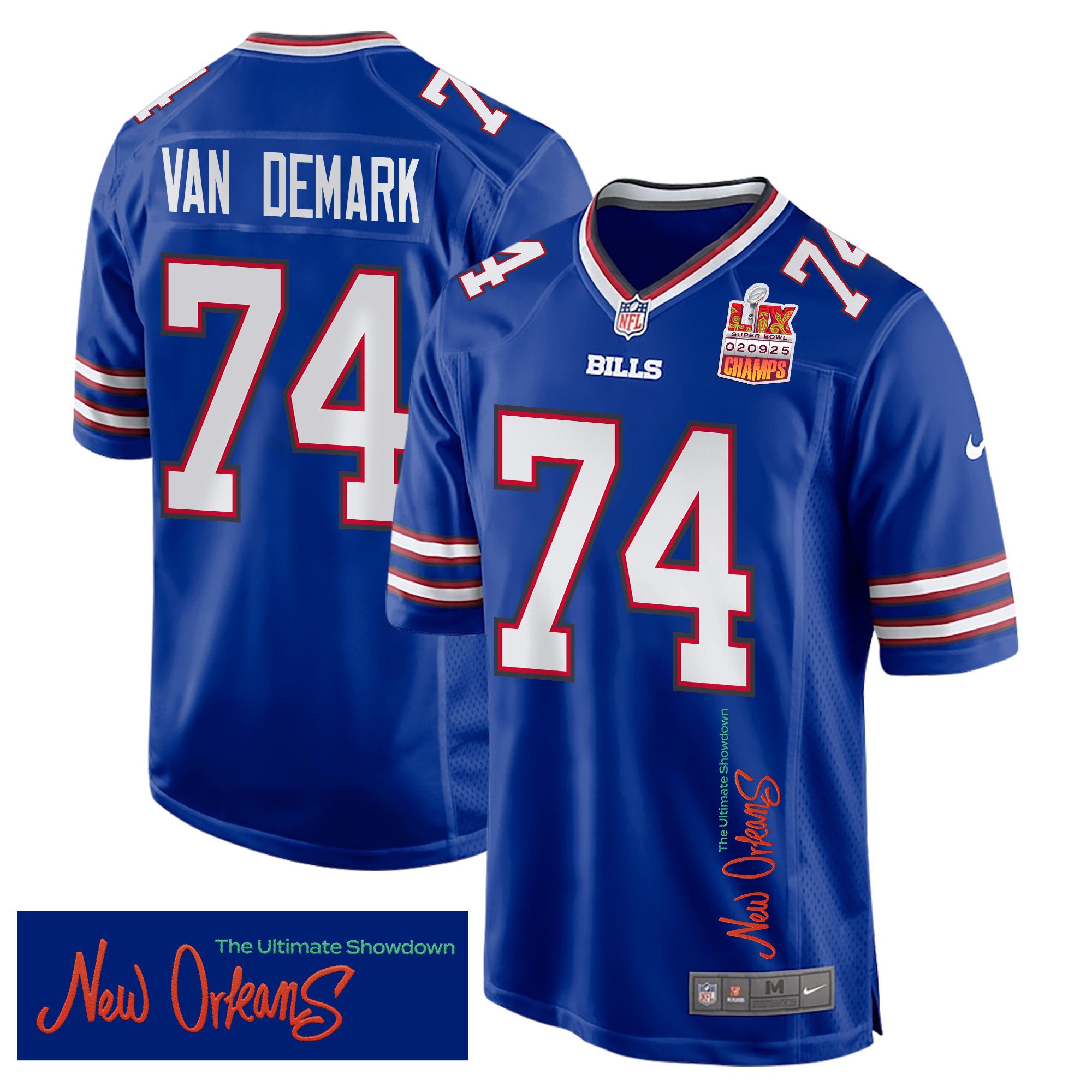Ryan Van Demark 74 Buffalo Bills Super Bowl LIX Champions Patch 'New Orleans - The Ultimate Showdown' EMBROIDERED Game Men Jersey - Royal JS2340 Saliibo