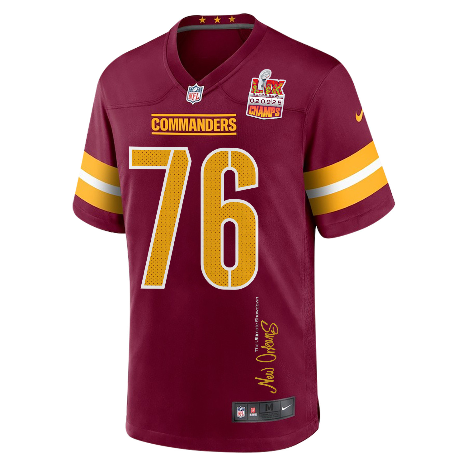 Sam Cosmi 76 Washington Commanders Super Bowl LIX Champions Patch 'New Orleans - The Ultimate Showdown' EMBROIDERED Game Men Jersey - Burgundy JS6418 Saliibo - Image 3