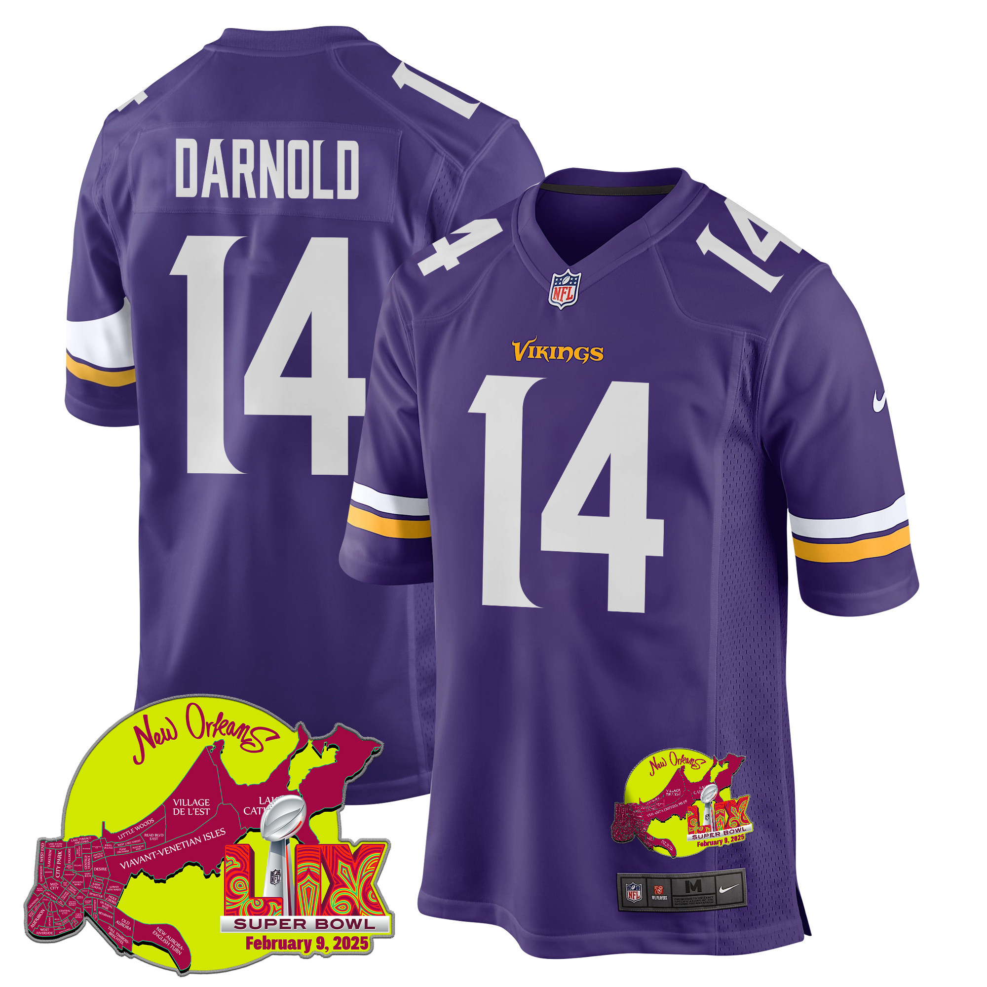 Sam Darnold 14 Minnesota Vikings Super Bowl LIX New Orleans Patch Game Men Jersey - Purple JS6445 Saliibo