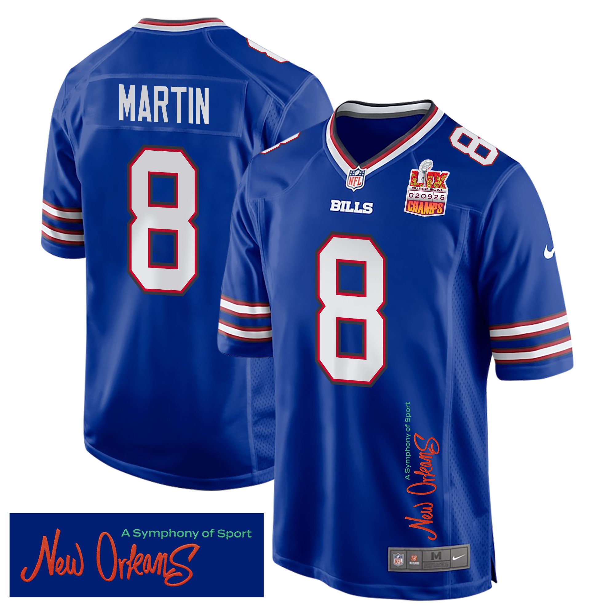 Sam Martin 8 Buffalo Bills Super Bowl LIX Champions Patch 'New Orleans - A Symphony of Sport' EMBROIDERED Game Men Jersey - Royal JS9272 Saliibo