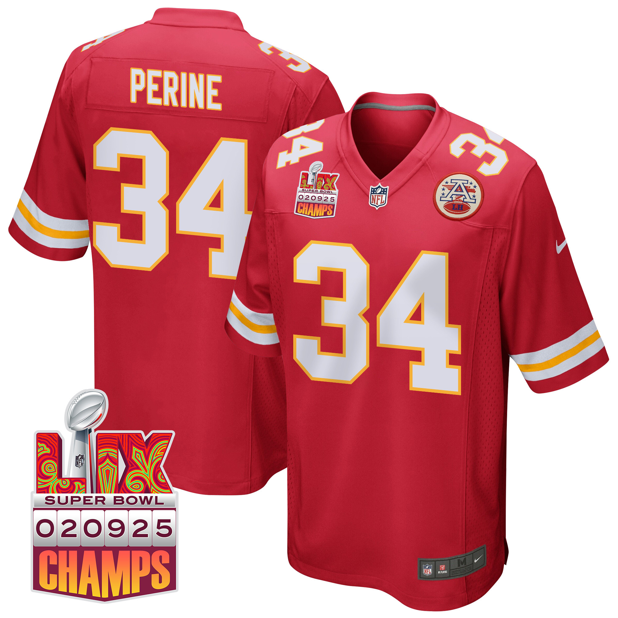 Samaje Perine 34 Kansas City Chiefs Super Bowl LIX Champions Patch Game Men Jersey - Red JS3478 Saliibo