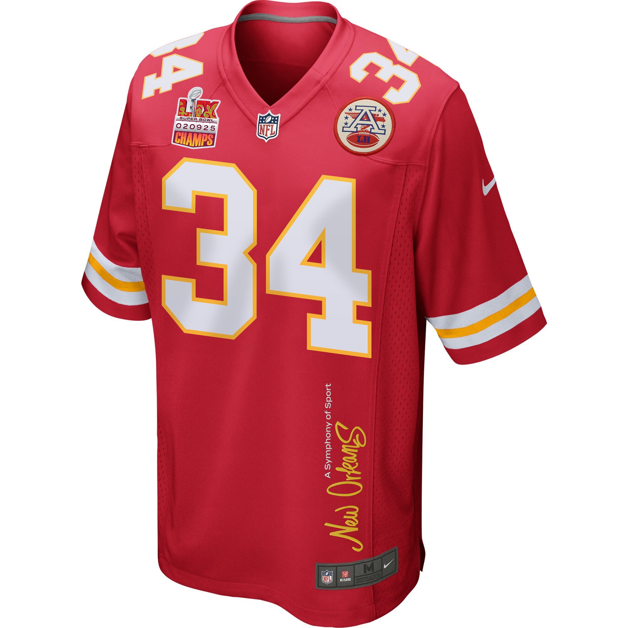 Samaje Perine 34 Kansas City Chiefs Super Bowl LIX Champions Patch 'New Orleans - A Symphony of Sport' EMBROIDERED Game Men Jersey - Red JS9601 Saliibo - Image 3