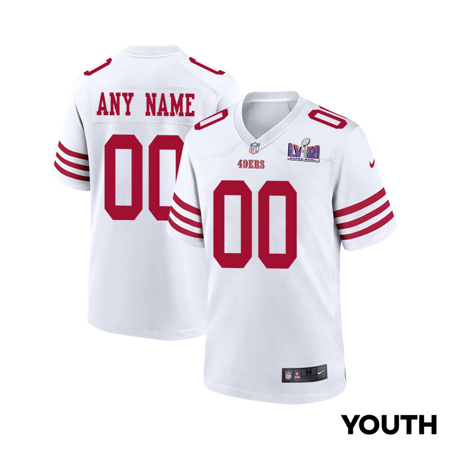 San Francisco 49ers Super Bowl LVIII Patch Game YOUTH Custom Jersey - White JS3080 Saliibo