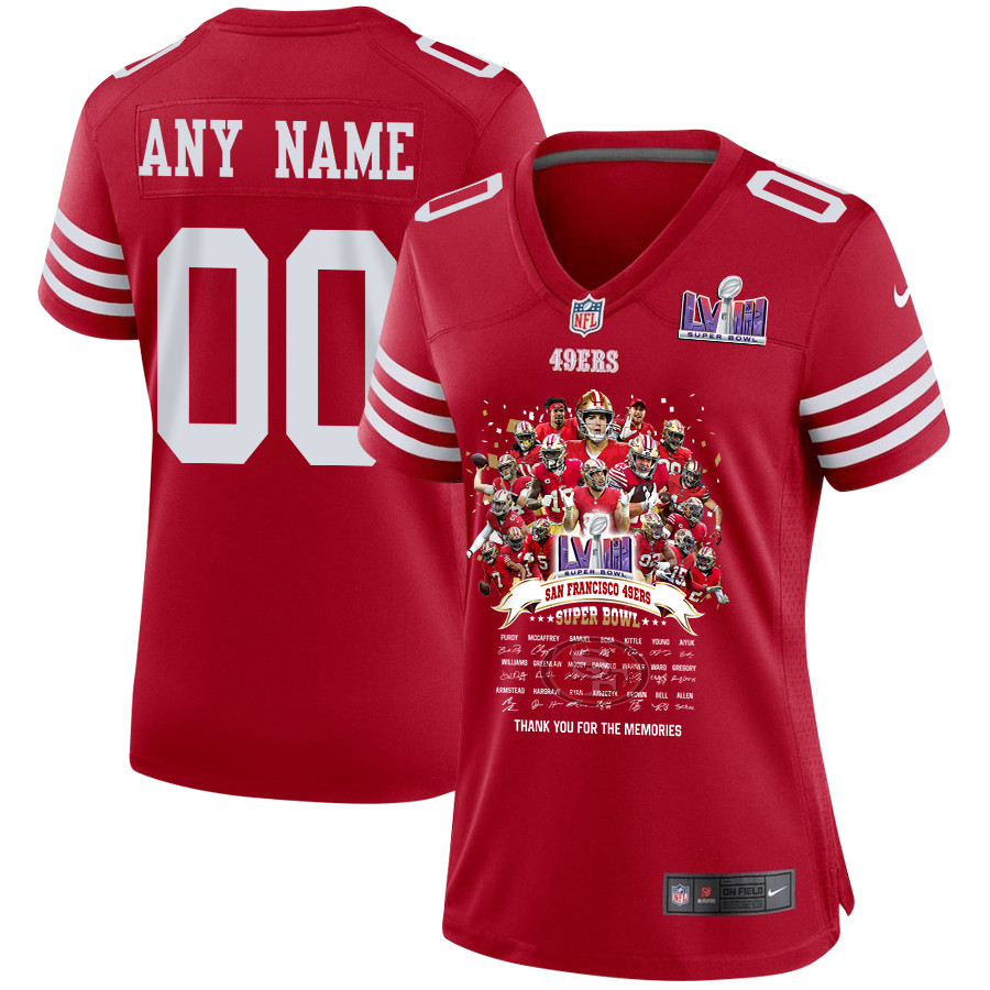 San Francisco 49ers Super Bowl LVIII Thanks For Memories Game Custom Women Jersey - Scarlet JS3676 Saliibo