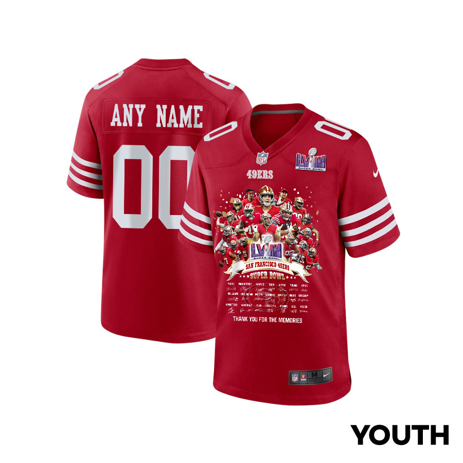 San Francisco 49ers Super Bowl LVIII Thanks For Memories Game Custom YOUTH Jersey - Scarlet JS6576 Saliibo