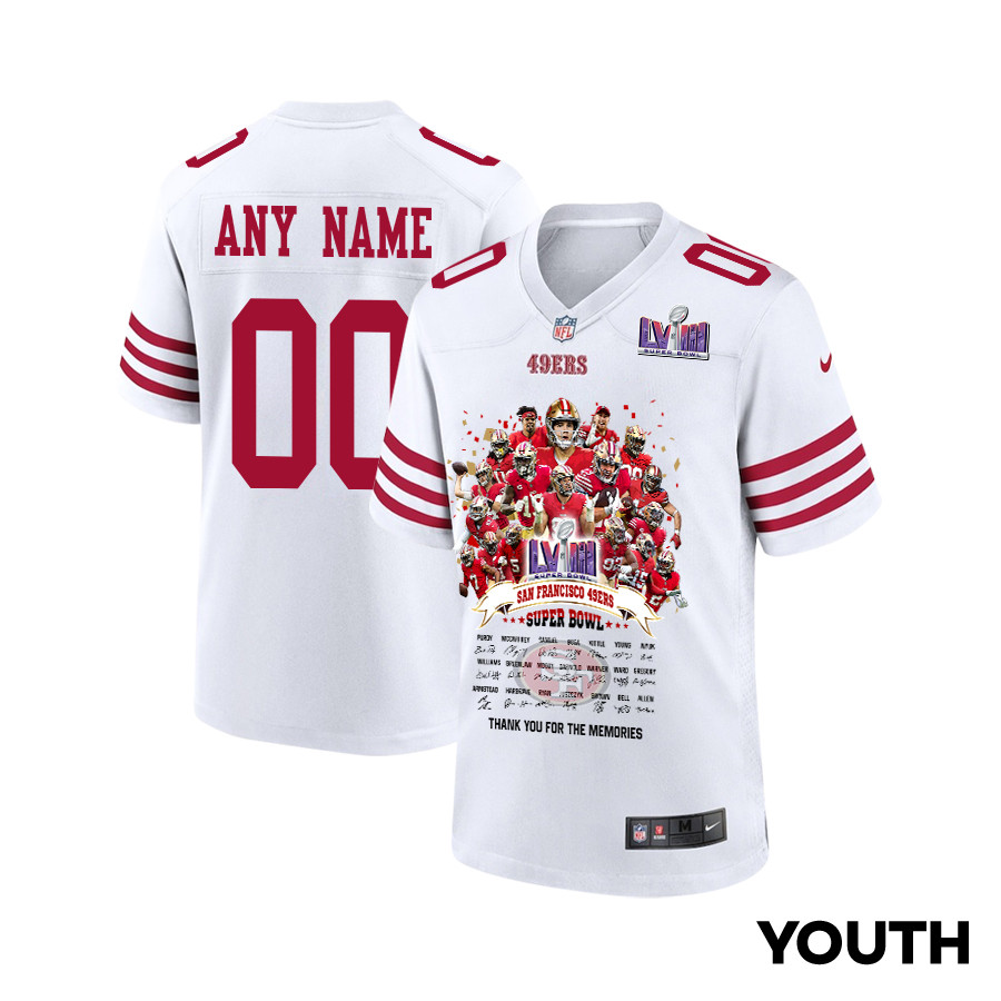 San Francisco 49ers Super Bowl LVIII Thanks For Memories Game Custom YOUTH Jersey - White JS9519 Saliibo