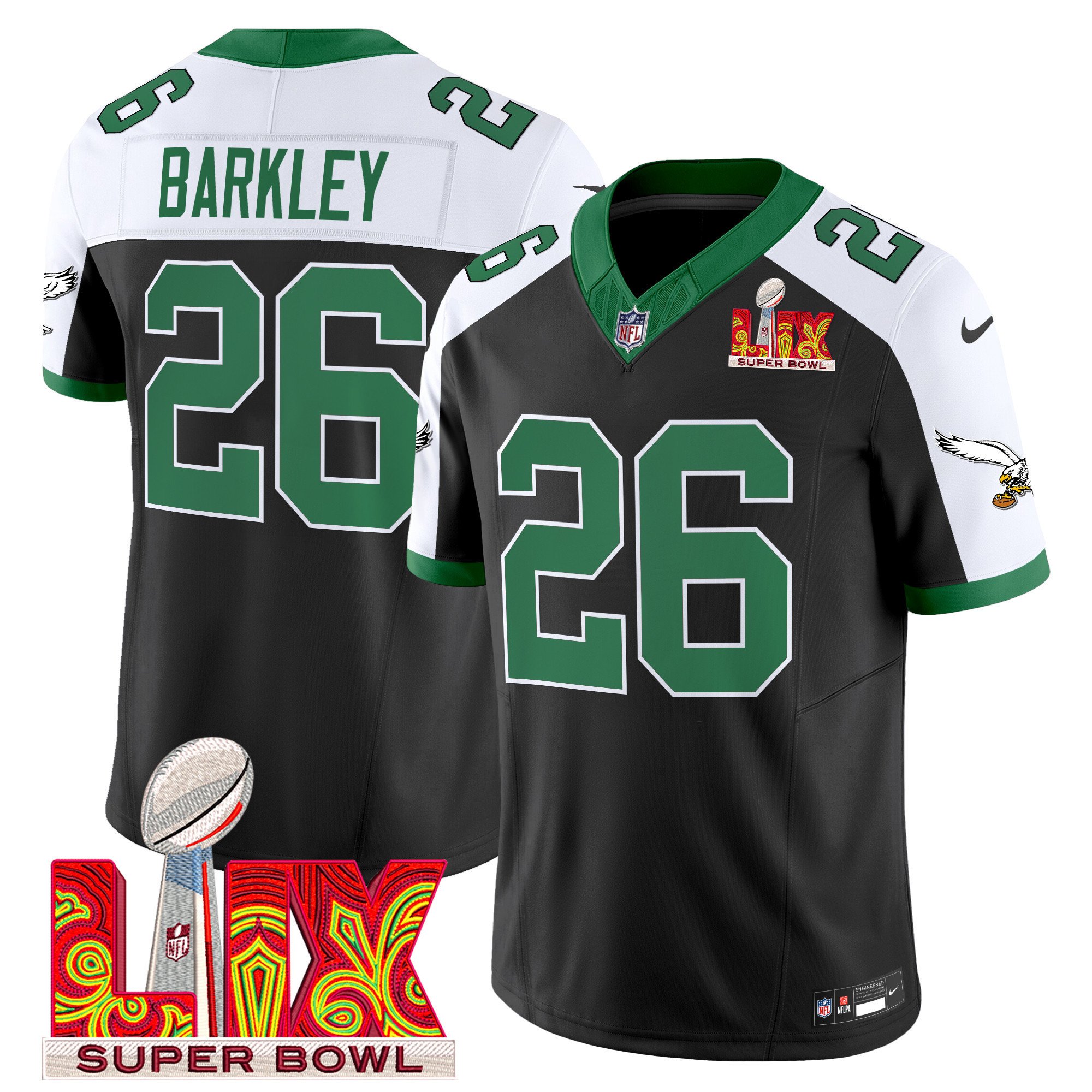 Saquon Barkley 26 Philadelphia Eagles Kelly Green Super Bowl Champions LIX Patch Vapor Limited Jersey - Black Alternate JS3723 Saliibo