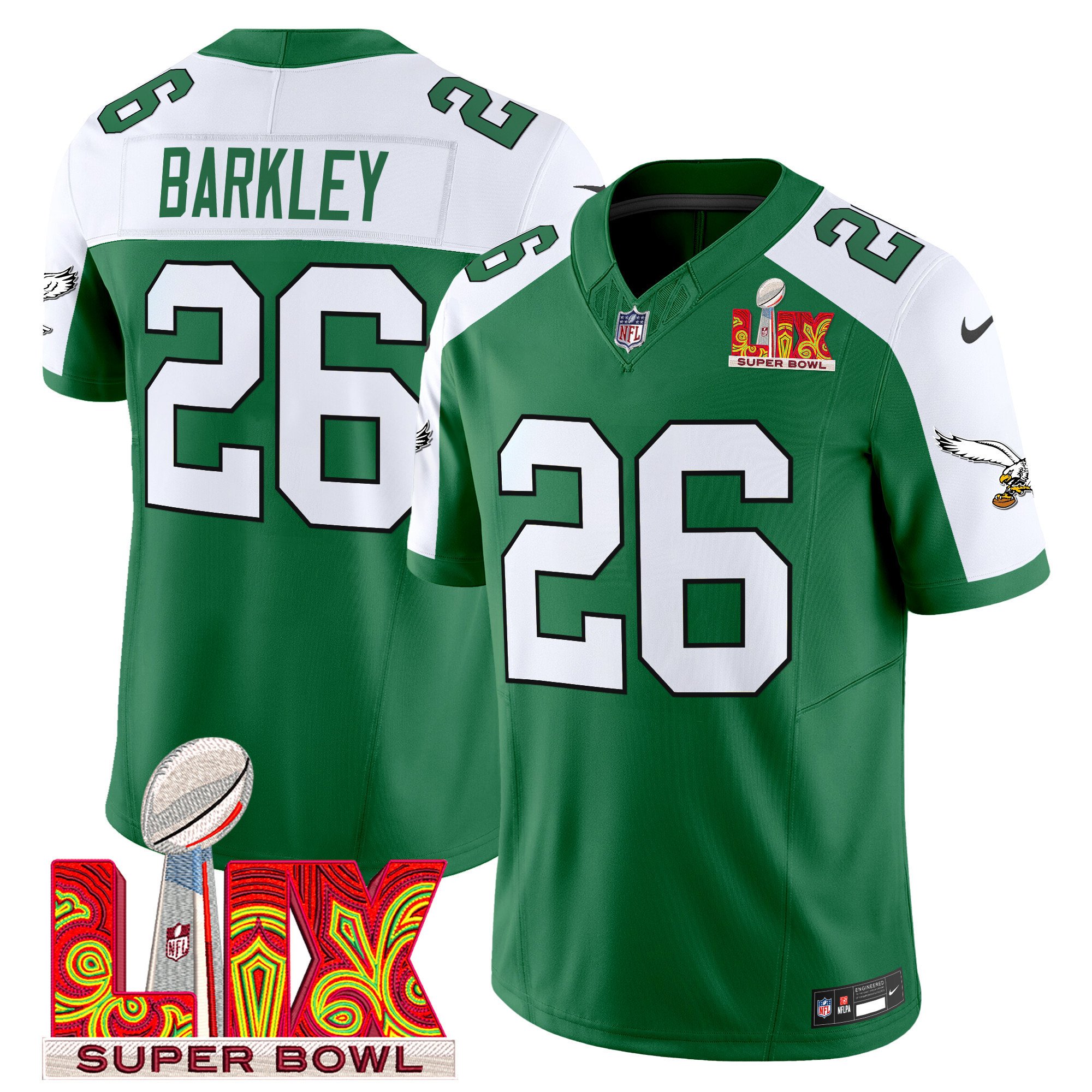 Saquon Barkley 26 Philadelphia Eagles Kelly Green Super Bowl Champions LIX Patch Vapor Limited Jersey - Kelly Alternate JS3588 Saliibo