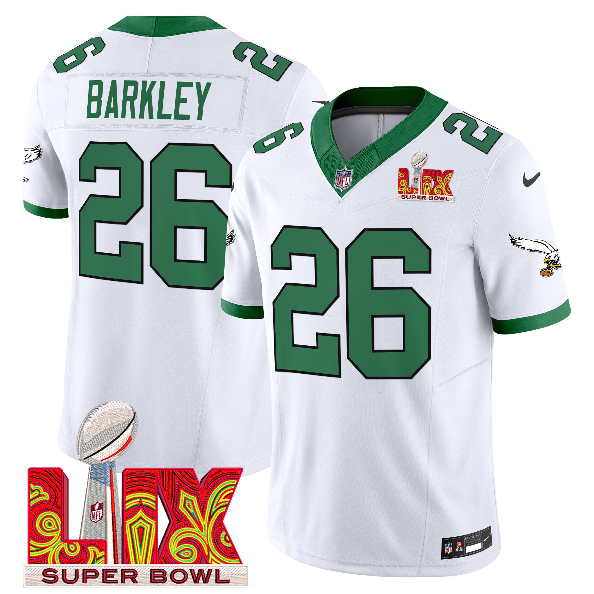 Saquon Barkley 26 Philadelphia Eagles Kelly Green Super Bowl Champions LIX Patch Vapor Limited Jersey - White JS4353 Saliibo