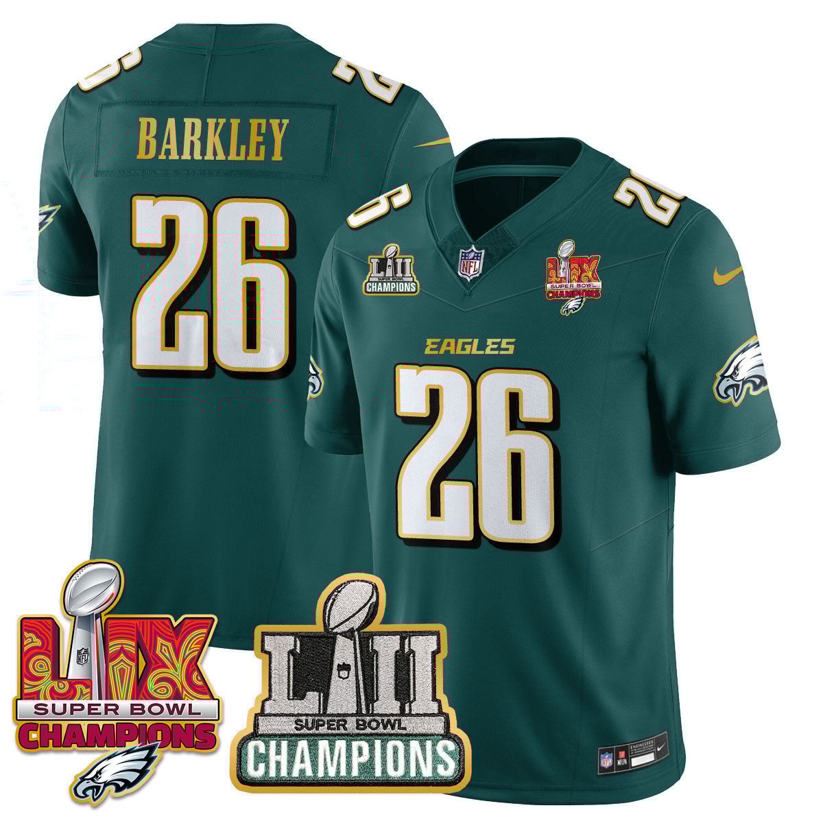 Saquon Barkley 26 Philadelphia Eagles LII-LIX Super Bowl Champions Vapor Limited Gold Jersey - Midnight Green JS3116 Saliibo