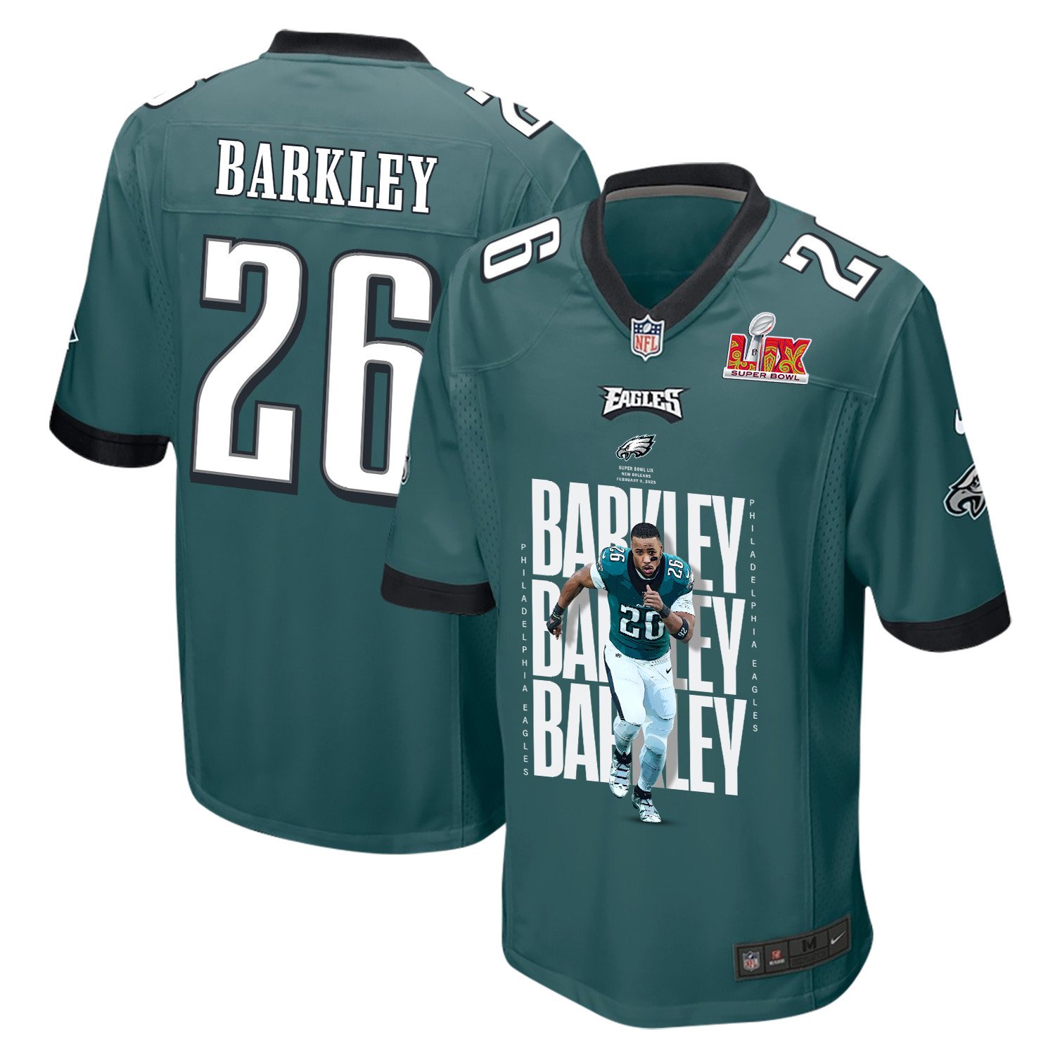 Saquon Barkley 26 Philadelphia Eagles 'Saquontum Leap' Game Men Jersey - Midnight Green JS1360 Saliibo