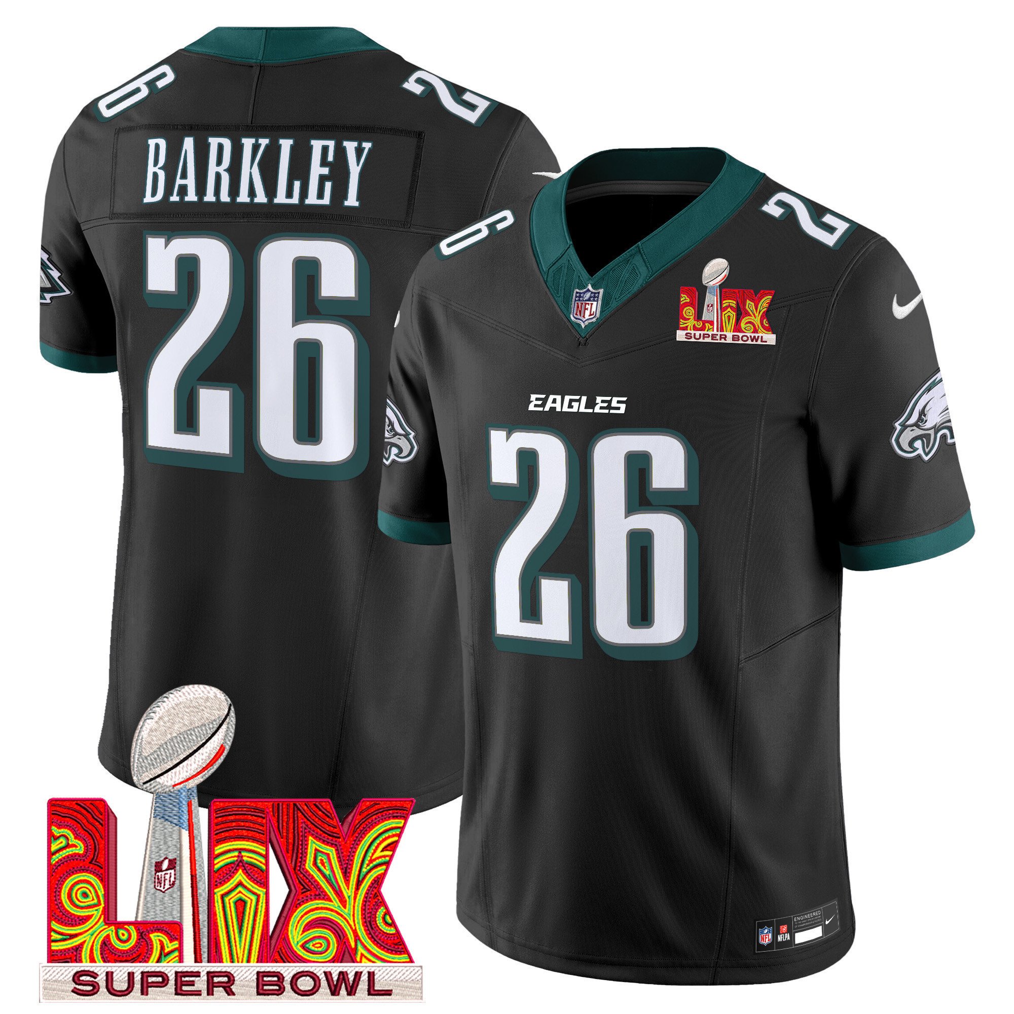 Saquon Barkley 26 Philadelphia Eagles Super Bowl Champions LIX Patch Vapor Limited Jersey - Black JS1324 Saliibo