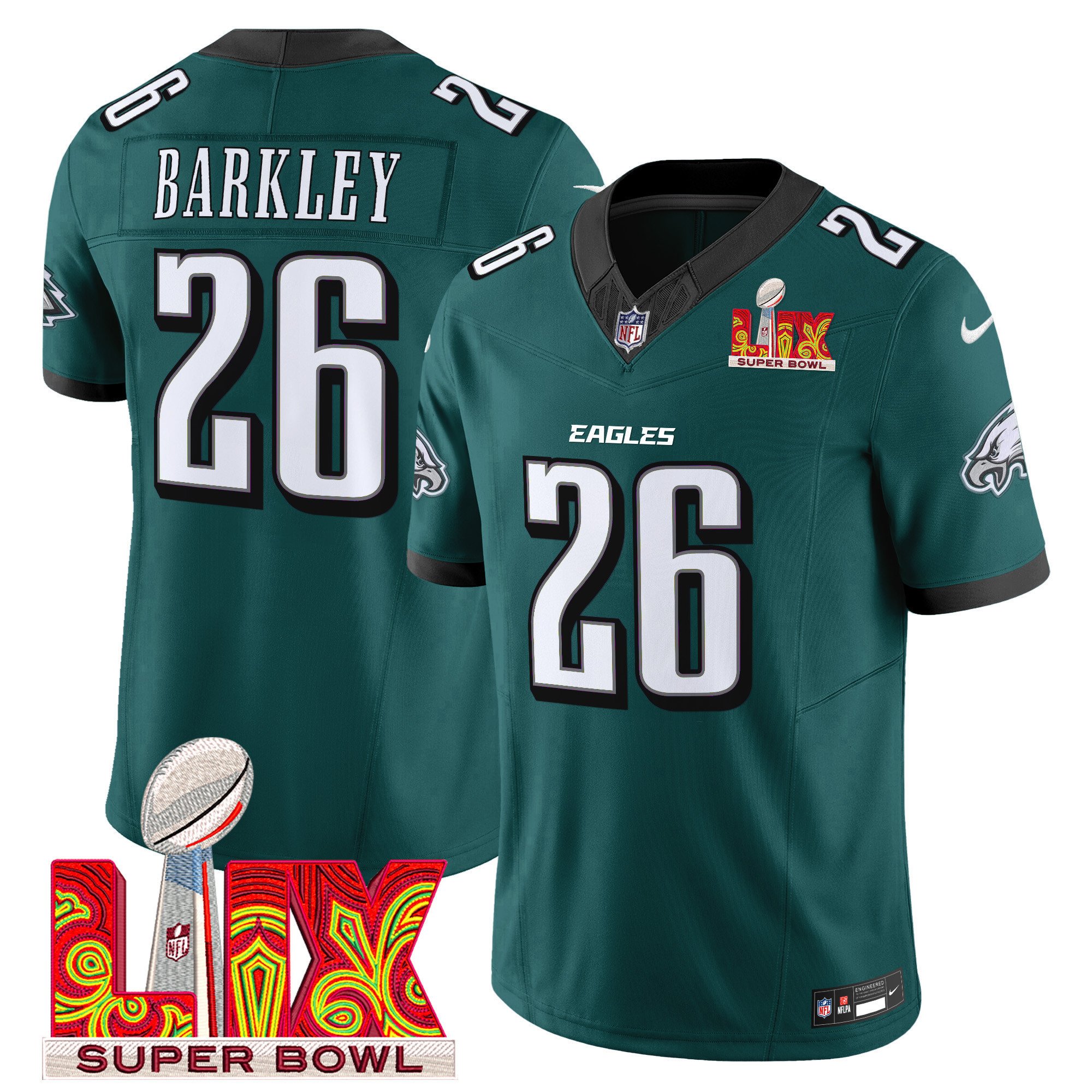 Saquon Barkley 26 Philadelphia Eagles Super Bowl Champions LIX Patch Vapor Limited Jersey - Midnight Green JS5734 Saliibo