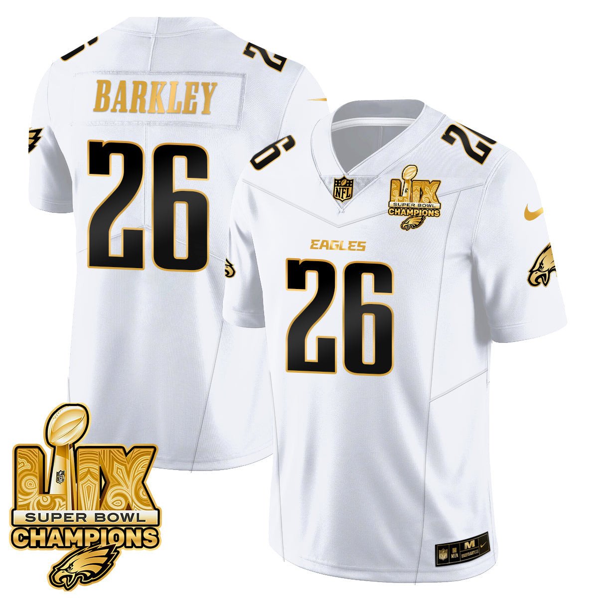 Saquon Barkley 26 Philadelphia Eagles Super Bowl LIX Champions Gold Vapor Limited Jersey - White Gold JS5813 Saliibo