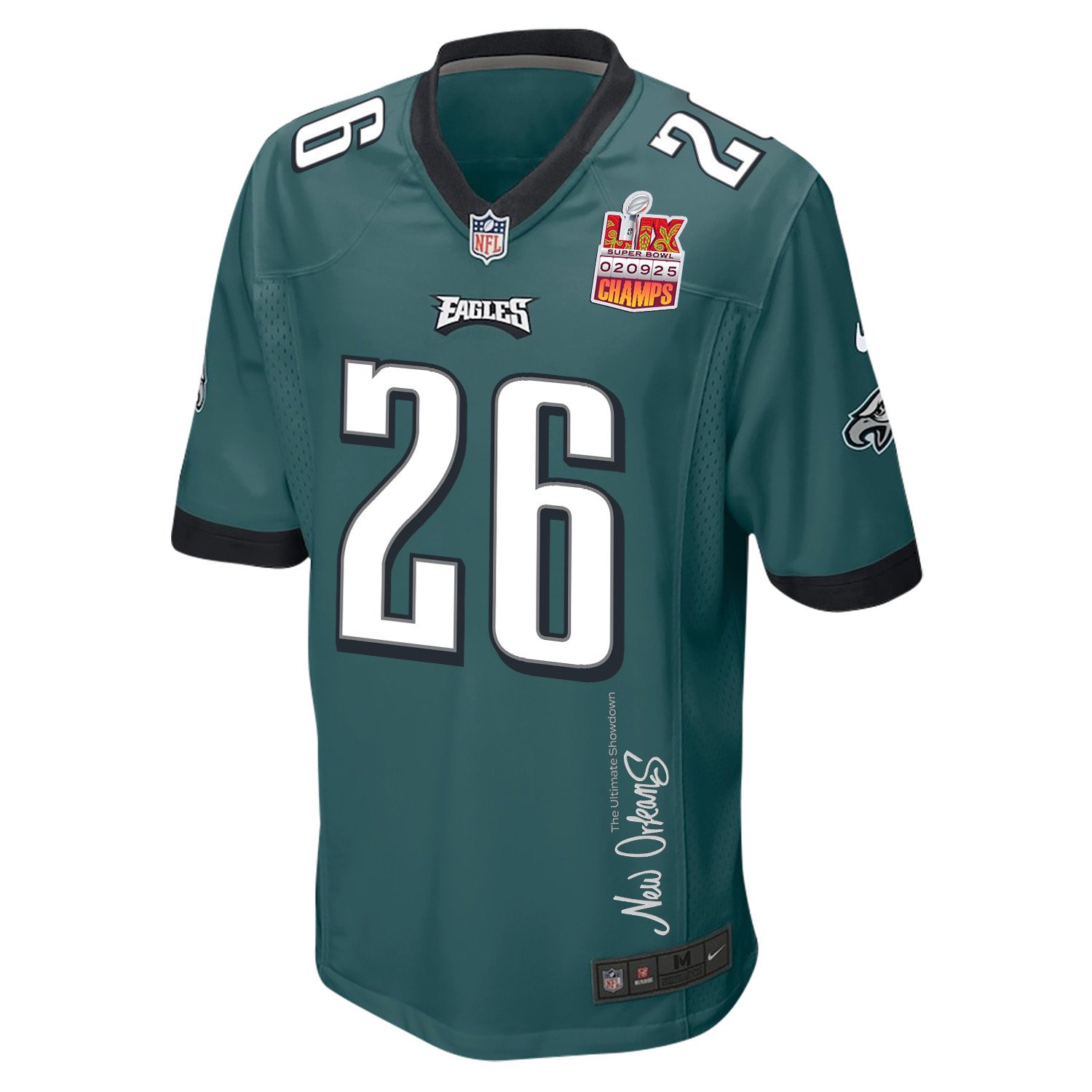 Saquon Barkley 26 Philadelphia Eagles Super Bowl LIX Champions Patch 'New Orleans - The Ultimate Showdown' EMBROIDERED Game Men Jersey - Midnight Green JS3350 Saliibo - Image 3