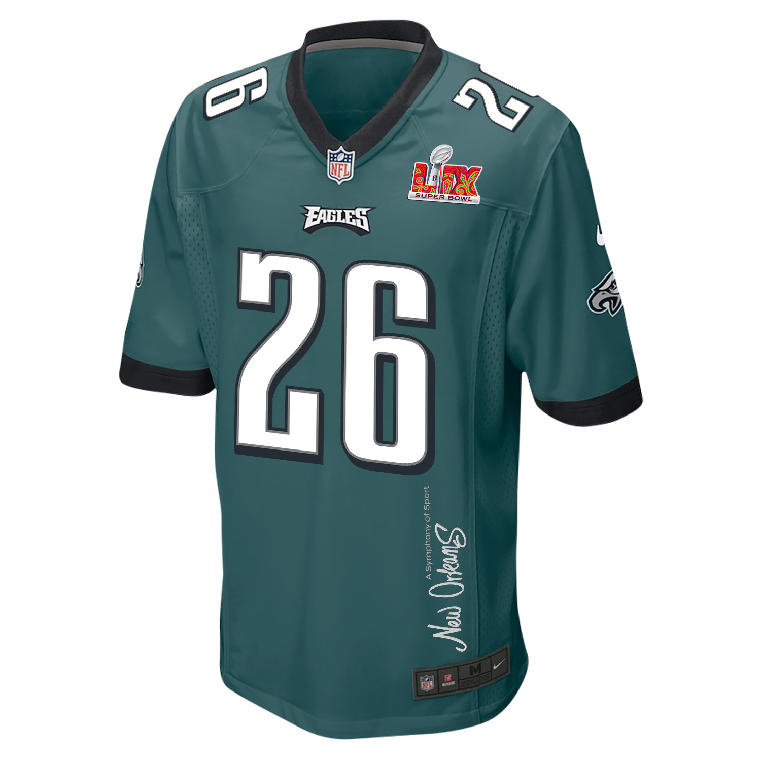 Saquon Barkley 26 Philadelphia Eagles Super Bowl LIX 'New Orleans - A Symphony of Sport' EMBROIDERED Game Men Jersey - Midnight Green JS5919 Saliibo - Image 3