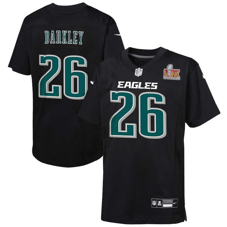 Saquon Barkley 26 Philadelphia Eagles Youth Super Bowl LIX Patch Fashion Game Player Jersey - Carbon Black JS5277 Saliibo