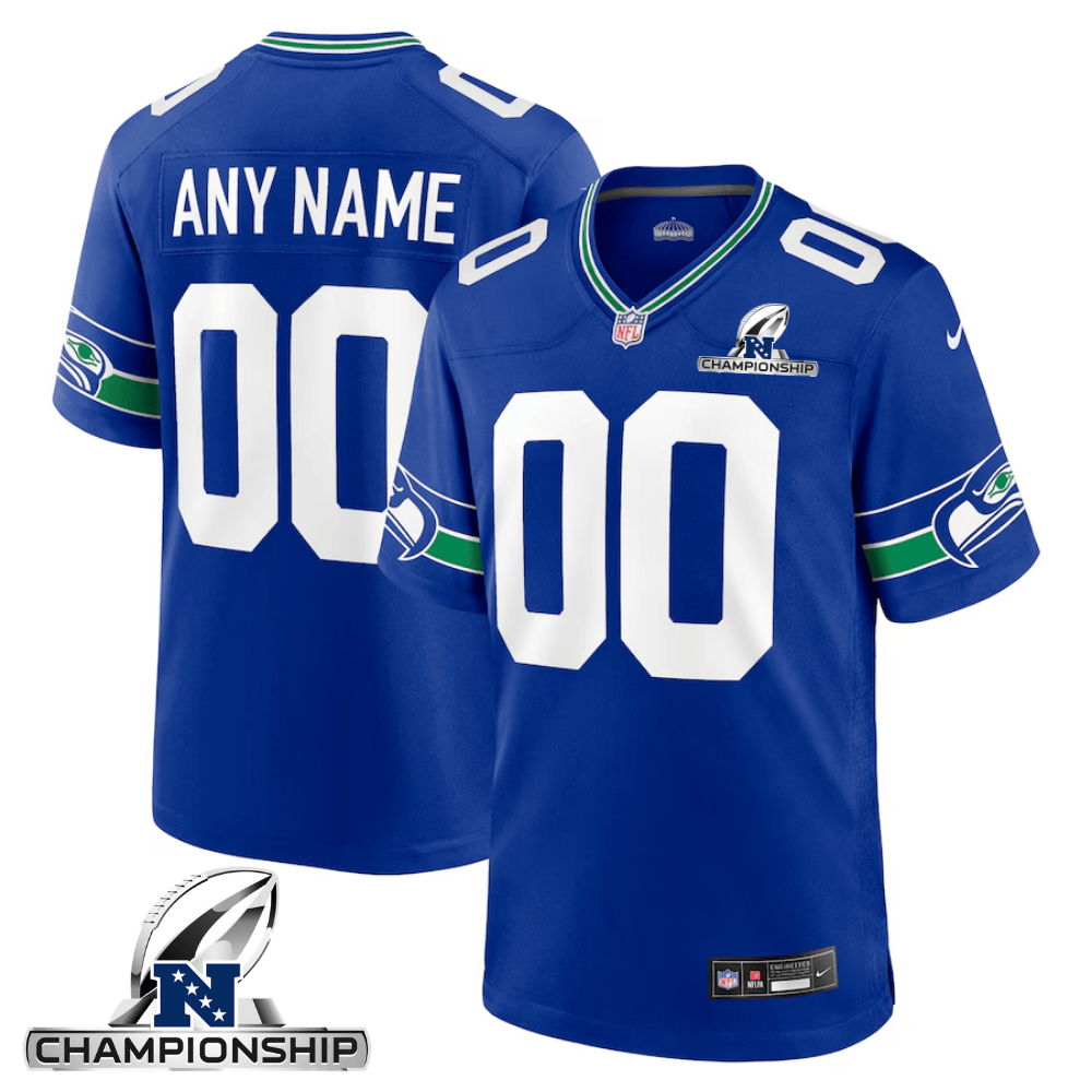 Seattle Seahawks AFC Championship Patch Throwback Game Men Custom Jersey - Royal JS9868 Saliibo