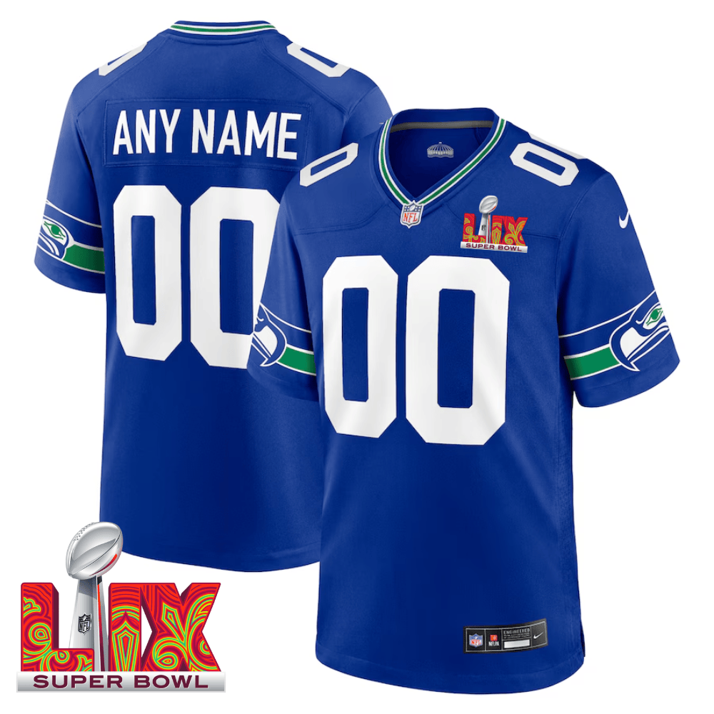 Seattle Seahawks Super Bowl LIX Patch Throwback Game Men Custom Jersey - Royal JS8485 Saliibo