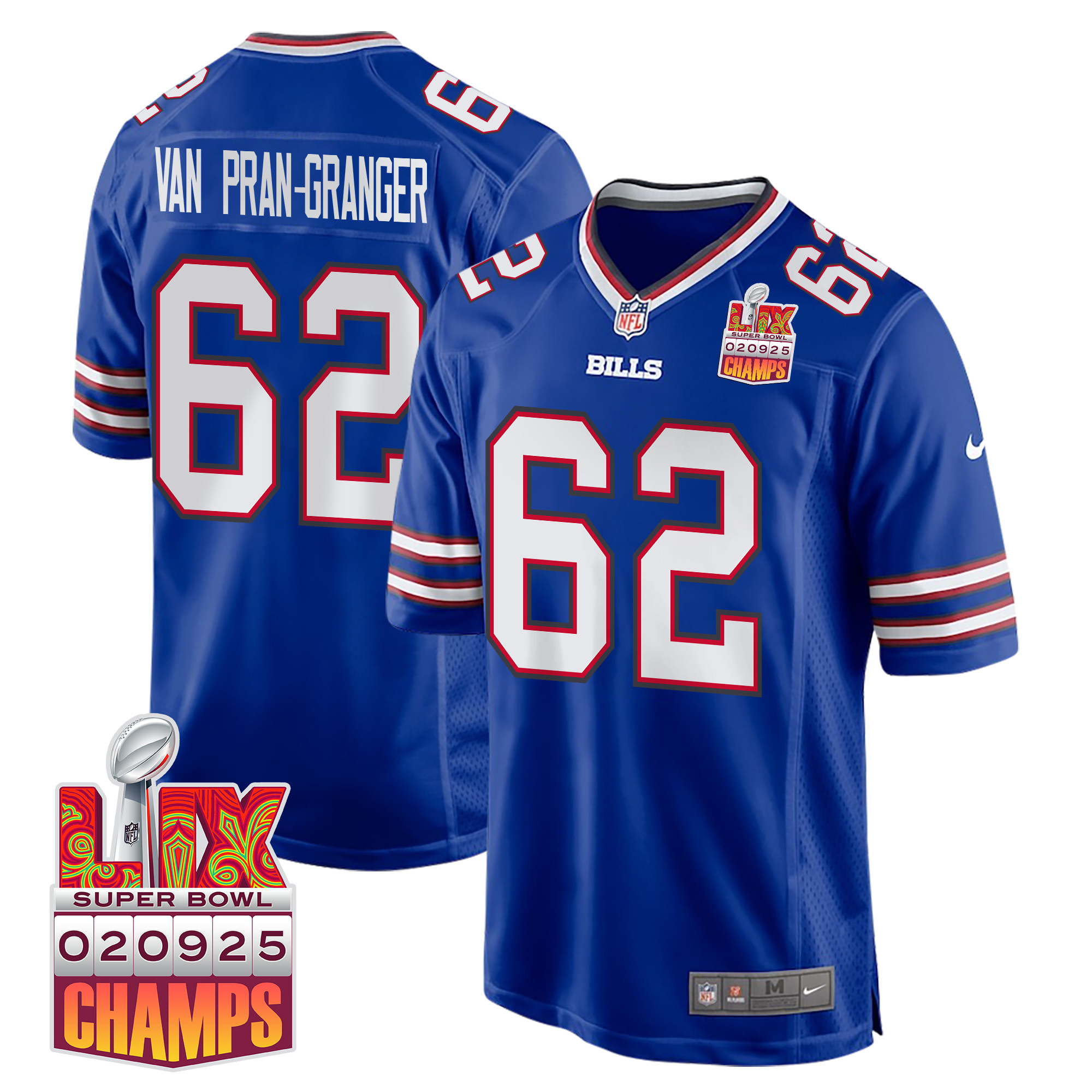 Sedrick Van Pran-Granger 62 Buffalo Bills Super Bowl LIX Champions Patch Game Men Jersey - Royal JS8970 Saliibo