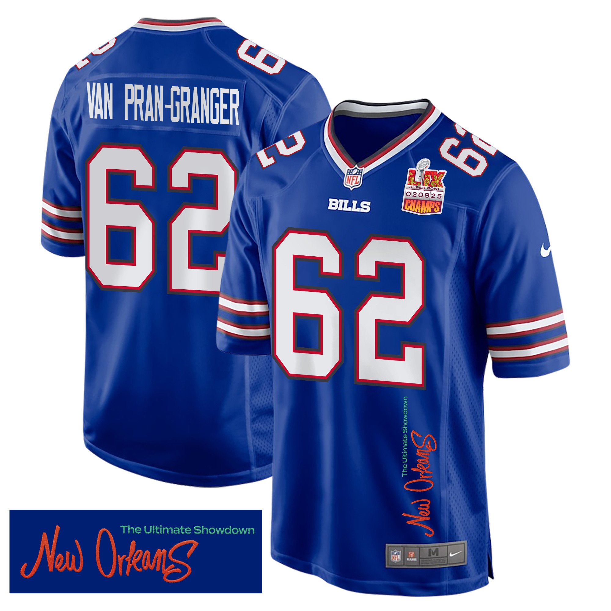 Sedrick Van Pran-Granger 62 Buffalo Bills Super Bowl LIX Champions Patch 'New Orleans - The Ultimate Showdown' EMBROIDERED Game Men Jersey - Royal JS1888 Saliibo