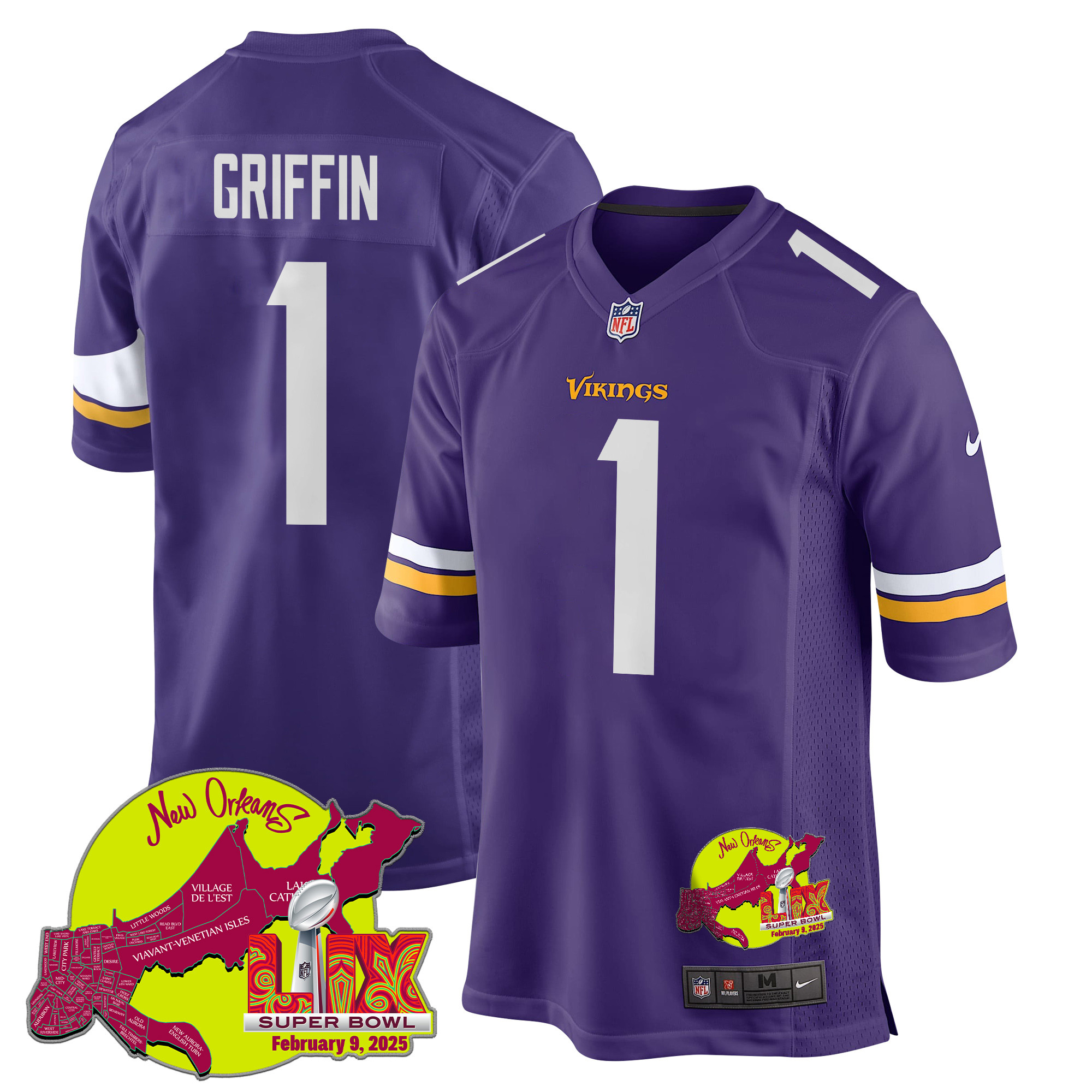 Shaq Griffin 1 Minnesota Vikings Super Bowl LIX New Orleans Patch Game Men Jersey - Purple JS9950 Saliibo