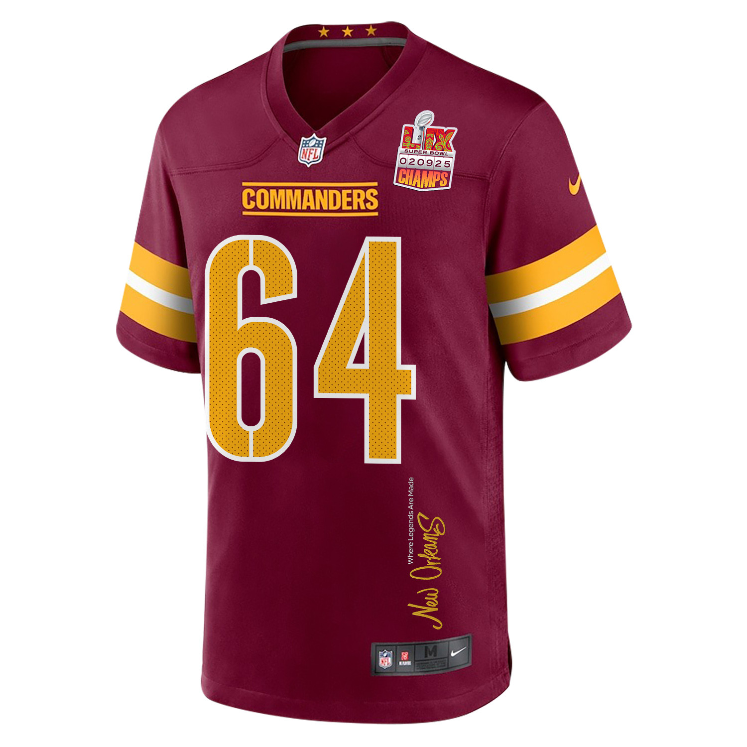 Sheldon Day 64 Washington Commanders Super Bowl LIX Champions Patch 'New Orleans - Where Legends Are Made' EMBROIDERED Game Men Jersey - Burgundy JS7936 Saliibo - Image 3