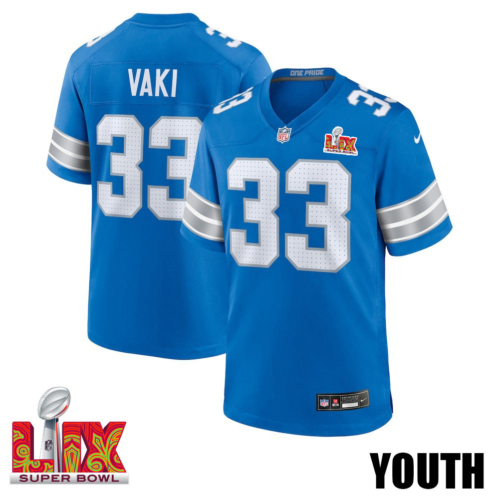 Sione Vaki #33 Detroit Lions Super Bowl LIX YOUTH Jersey - Blue JS6345 Saliibo