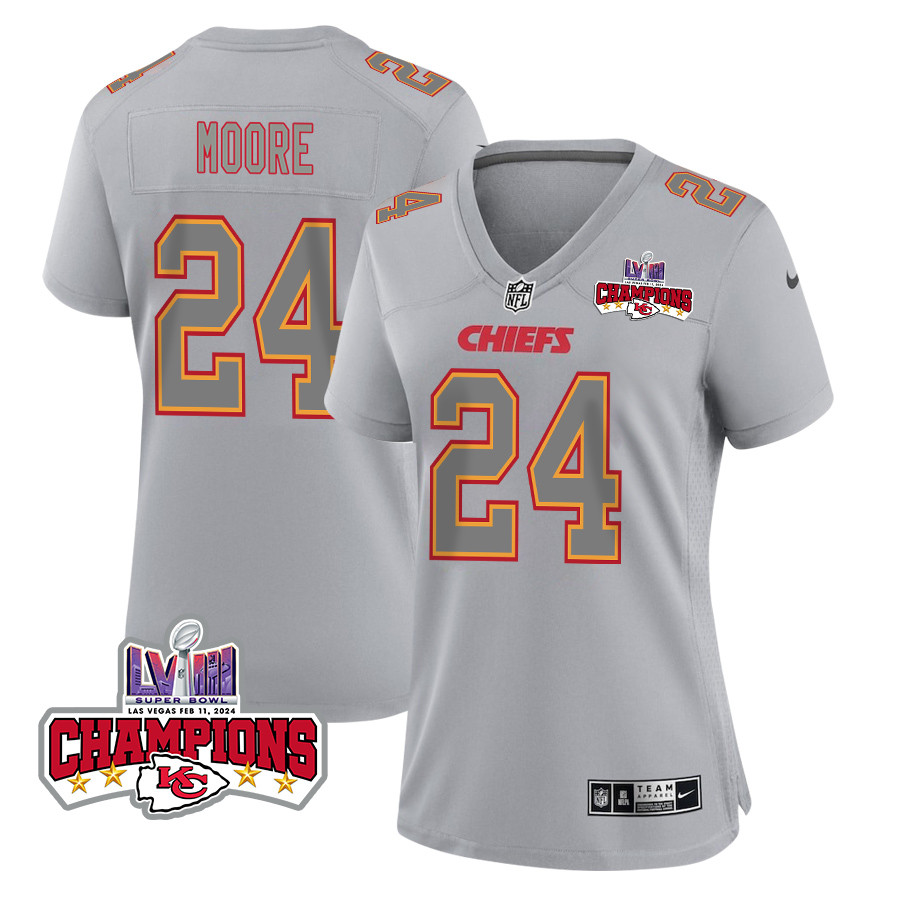 Skyy Moore 24 Kansas City Chiefs Super Bowl LVIII Champions 4 Stars Patch Atmosphere Fashion Game Women Jersey - Gray JS9972 Saliibo