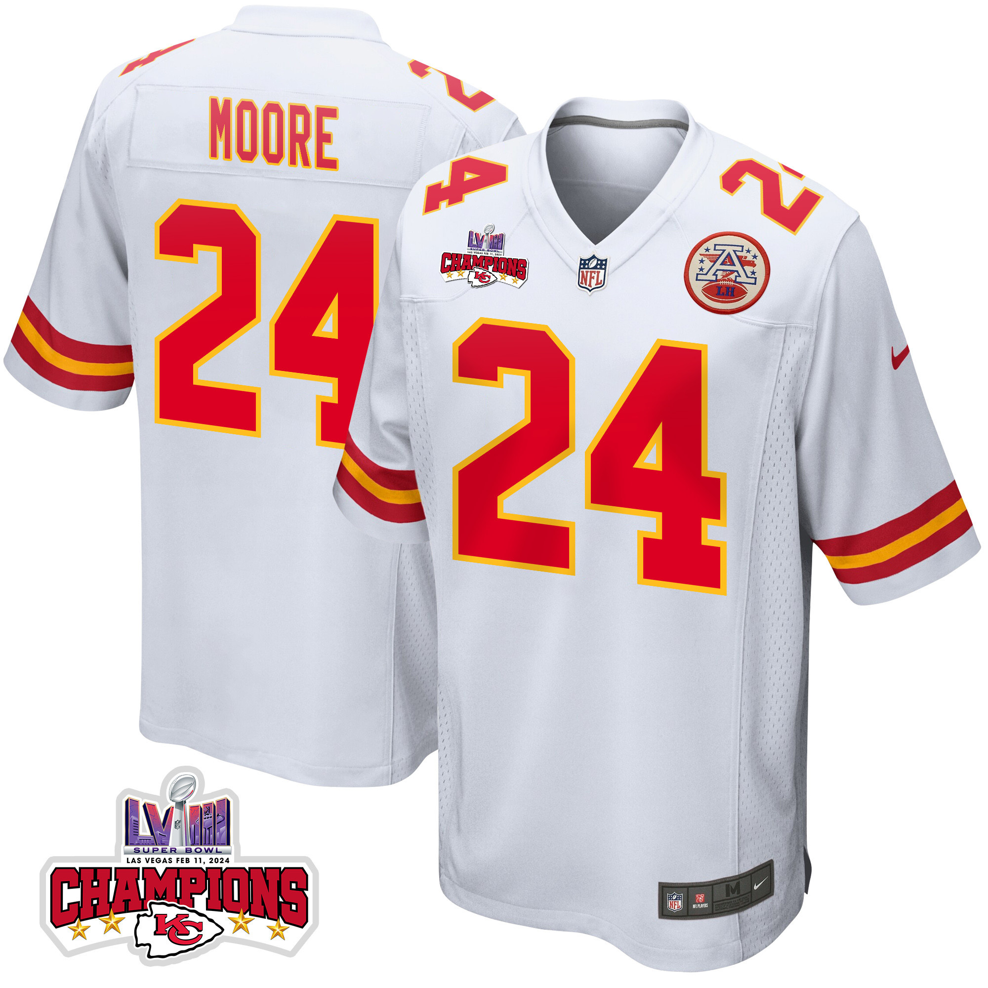 Skyy Moore 24 Kansas City Chiefs Super Bowl LVIII Champions 4 Stars Patch Game Men Jersey - White JS8702 Saliibo